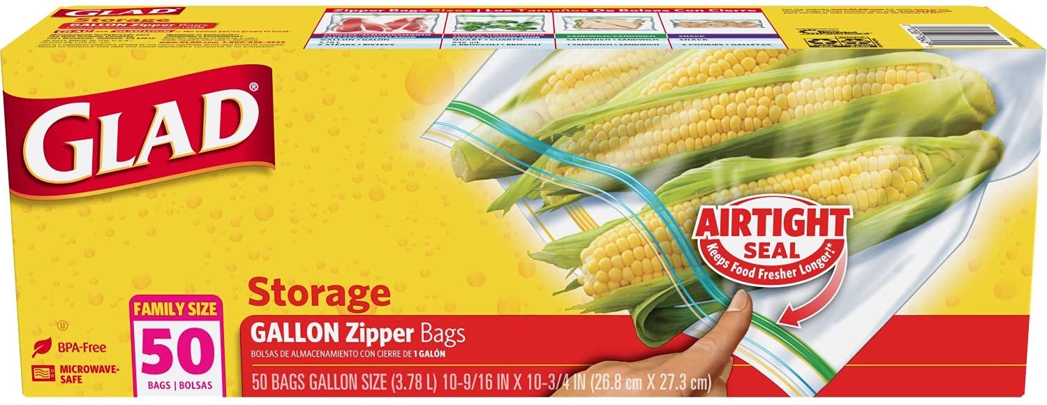 Glad Zipper Food Storage Plastic Bags - Gallon Size - 50 Count. 4 Pack