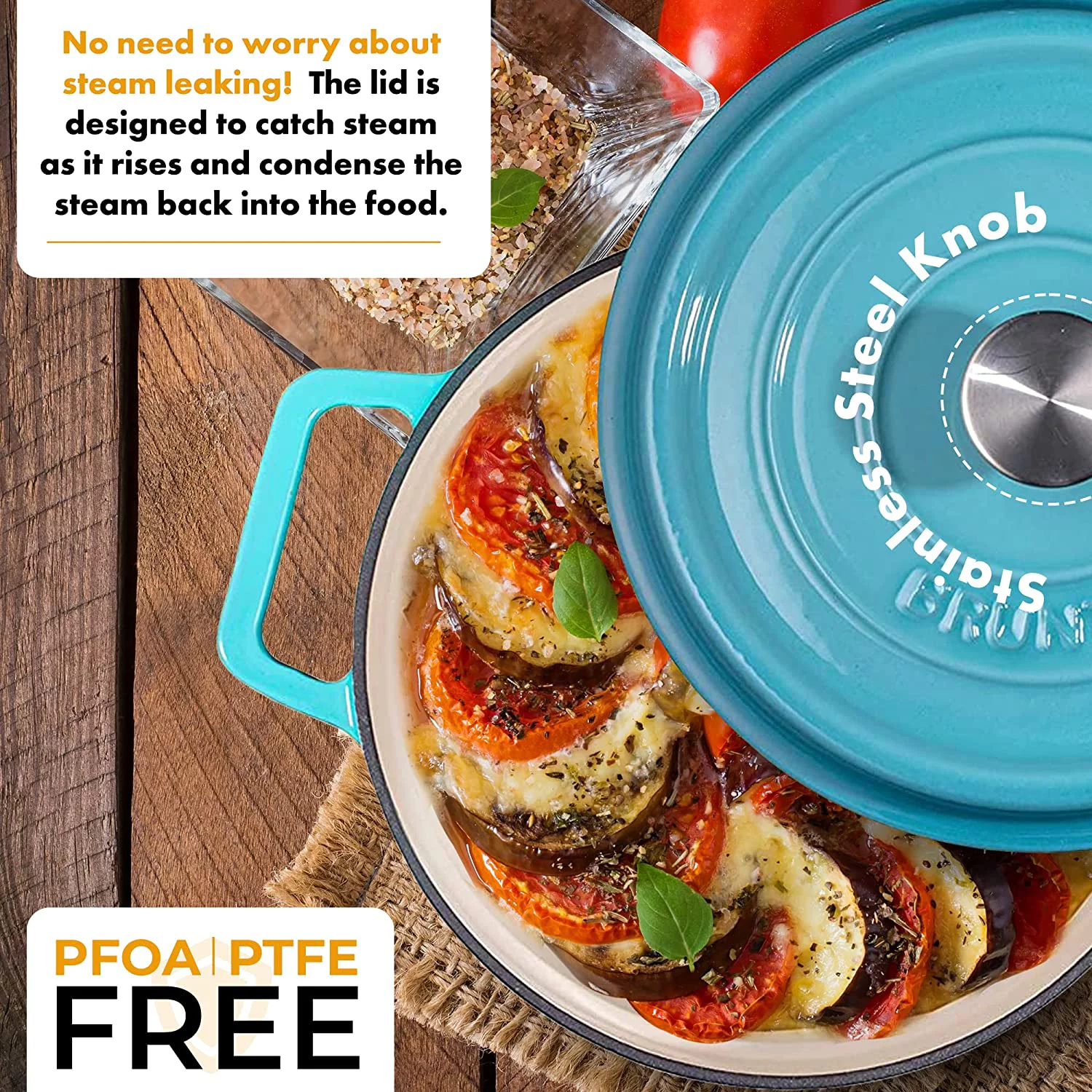 Bruntmor Enameled Cast Iron Dutch Oven Casserole Dish 6.5 Quart Large Loop. 16.45 lbs W. Round (Turquoise)