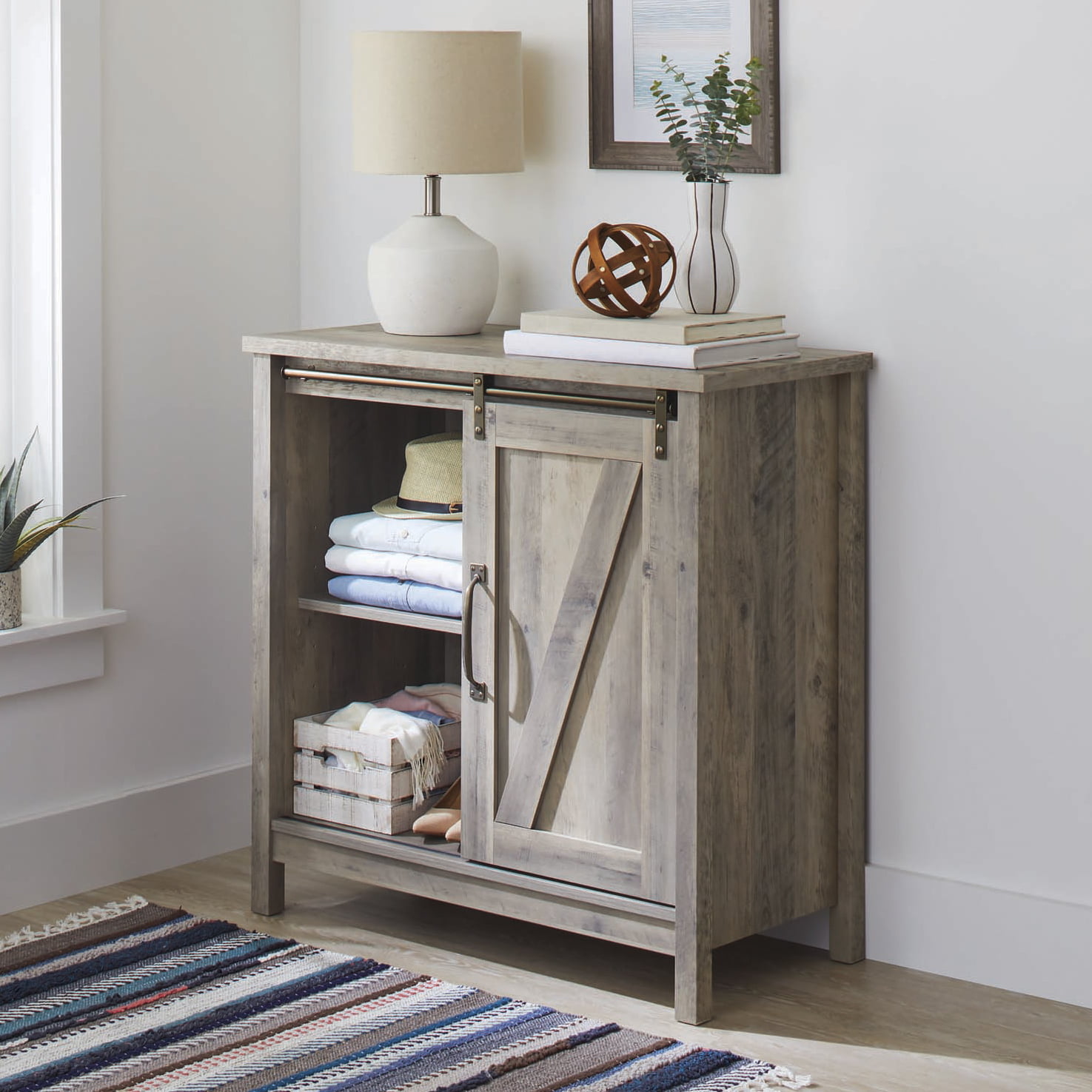 Better Homes & Gardens Modern Farmhouse Accent Storage Cabinet. Rustic Gray Finish