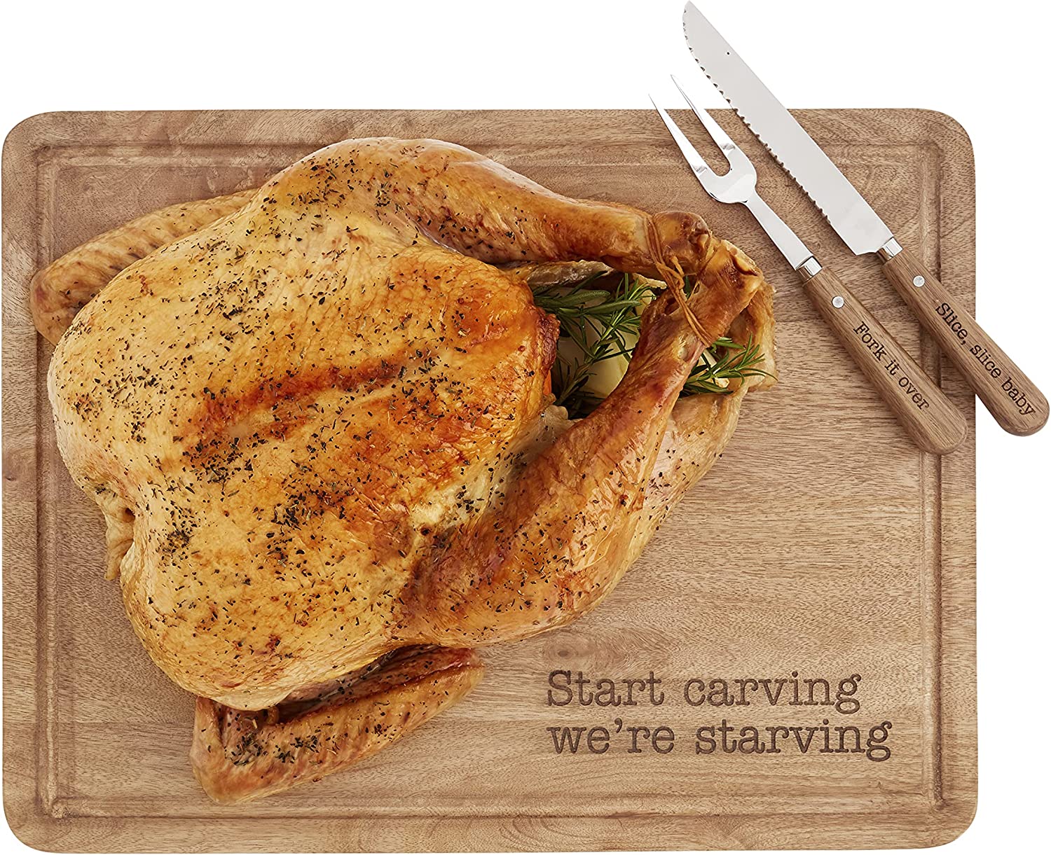 Mud Pie Carving Board Set. board 15″ x 19 1/2″ | knife 11″ | fork 9″