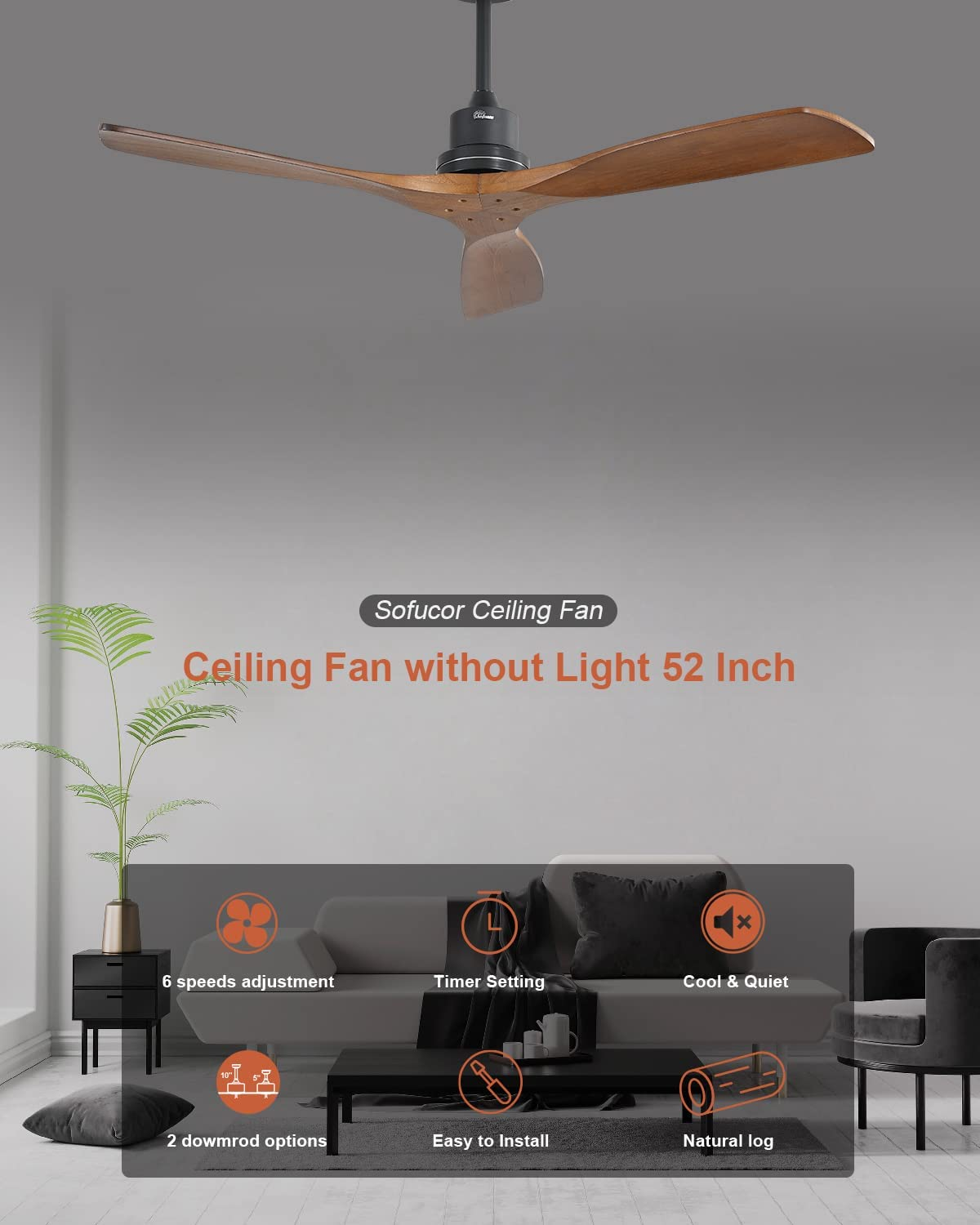 Sofucor 52” Modern Ceiling Fan Remote Control Noiseless Reverse Airflow for Farmhouse.Patio.Living Room