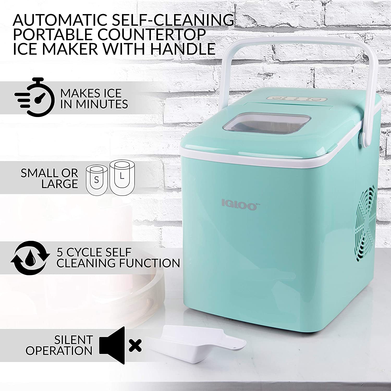 Igloo ICEB26HNAQ Automatic Self-Cleaning Portable Electric Countertop Ice Maker Machine With Handle. 26 Pounds in 24 Hours. 9 Ice Cubes Ready in 7 minutes. With Ice Scoop and Basket. Original Aqua