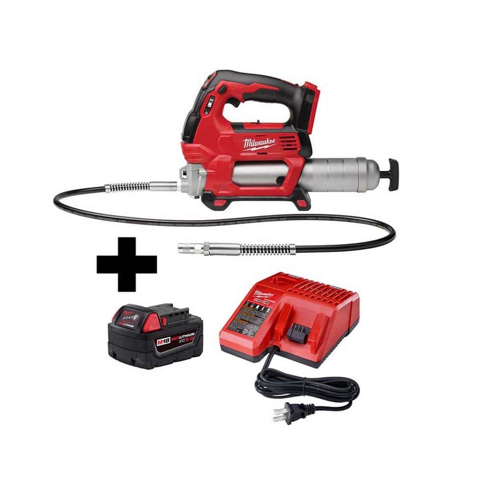 Milwaukee 2646-20-48-59-1850 M18 18V Lithium-Ion Cordless Grease Gun 2-Speed W/M18 Starter Kit W/one 5.0 Ah Battery and Charger