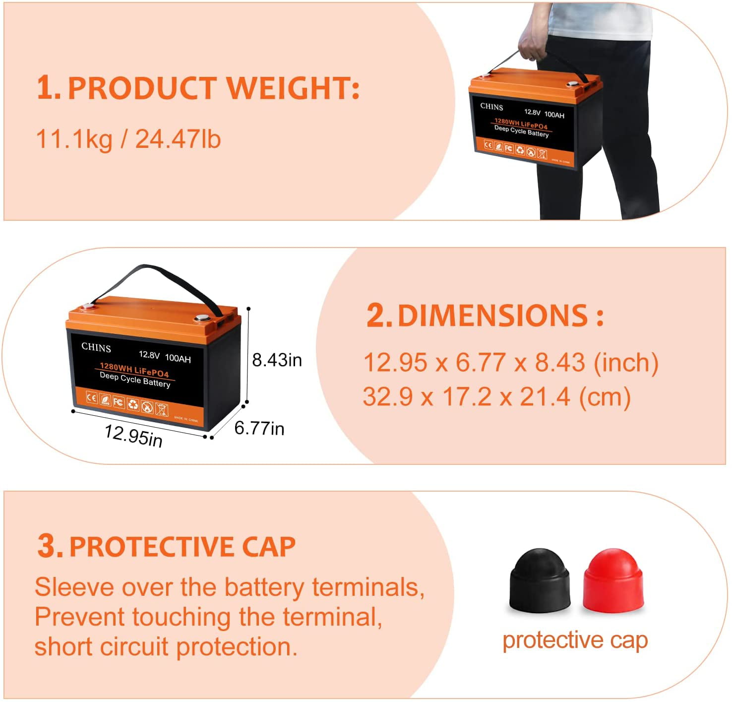 CHINS LiFePO4 Lithium Iron Battery 12V 100Ah for Boat Fishing