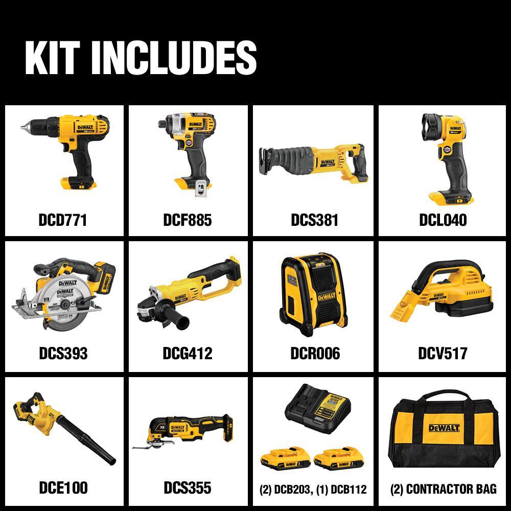DEWALT  20V MAX Cordless 10 Tool Combo Kit with (2) 20V 2.0Ah Batteries. Charger. and Bag