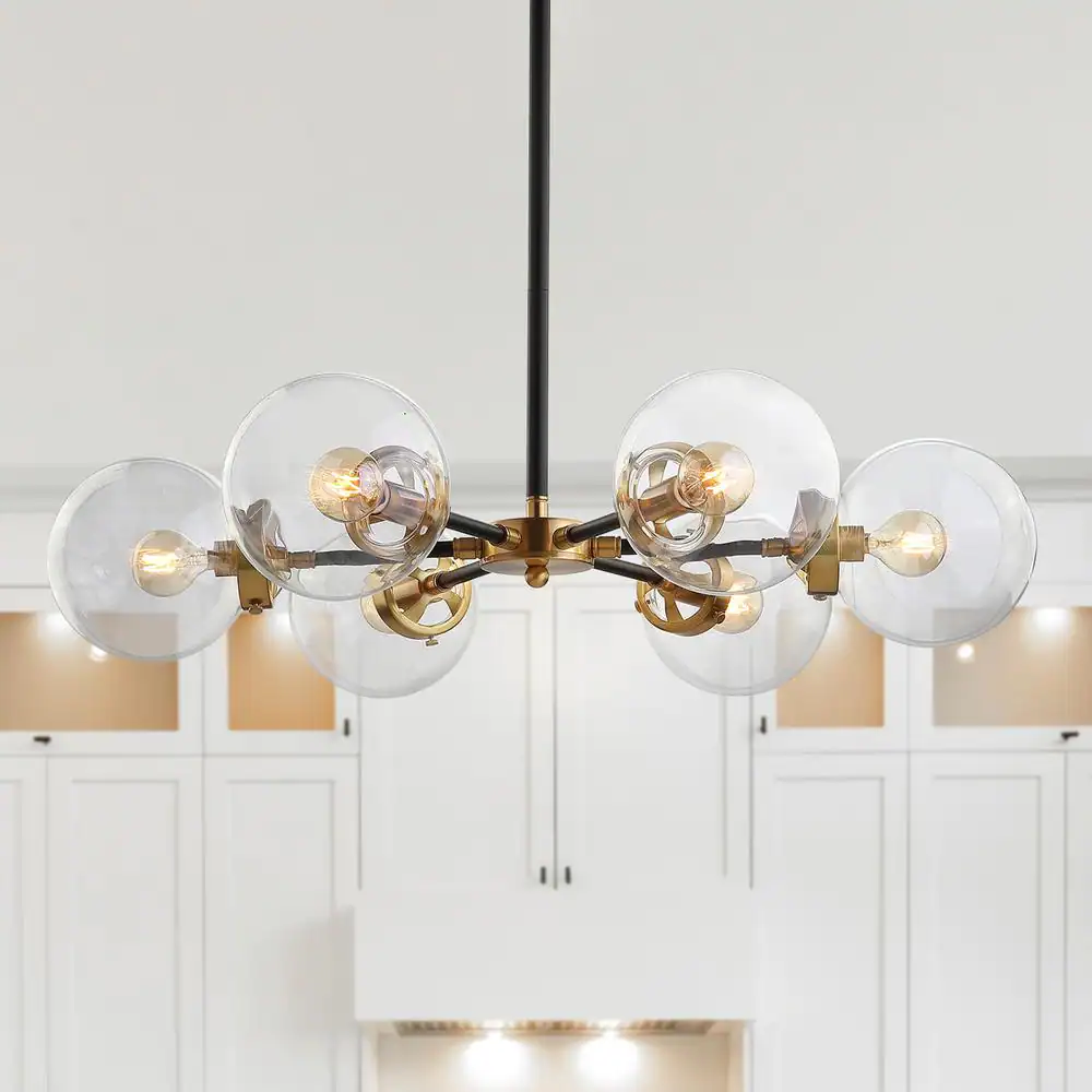 JONATHAN Y 304979418 Caleb 6-Light Black and Brass Cluster Pendant Light with Clear Glass Shades