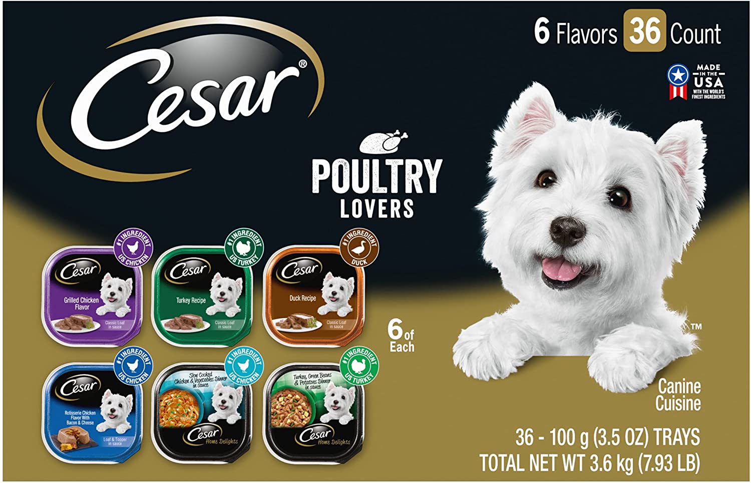 CESAR Soft Wet Dog Food Classic Loaf in Sauce Steak and Chicken Lovers Variety Pack. 6 Flavours - 36 Count