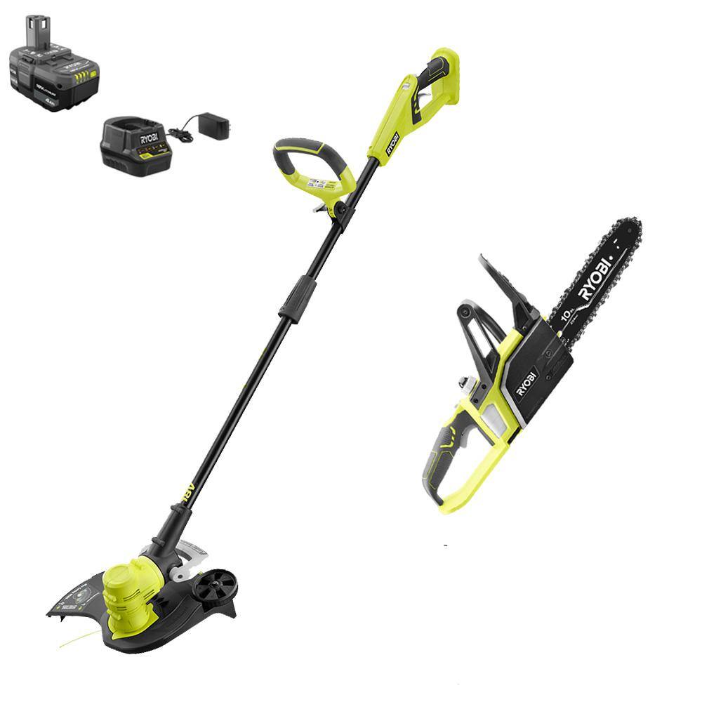 RYOBI P2080-CSW ONE+ 18V 13 in. Cordless Battery String Trimmer/Edger and 10 in. Chainsaw 4.0 Ah Battery and Charger