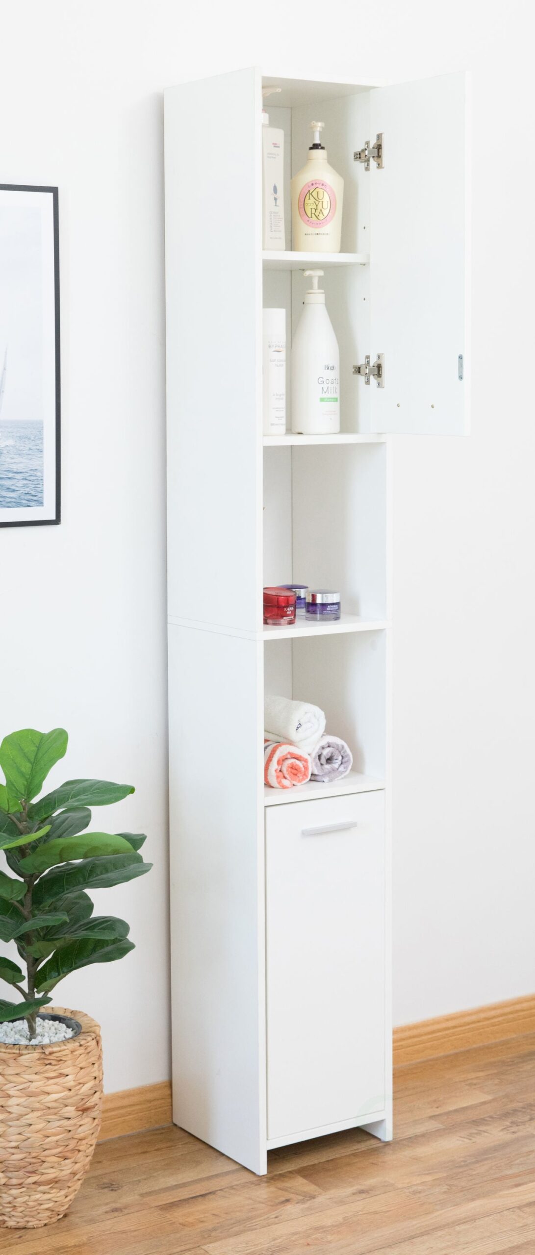 Basicwise 11.75-in W x 76.75-in H x 11.75-in D White/Wood Particleboard Freestanding Linen Cabinet