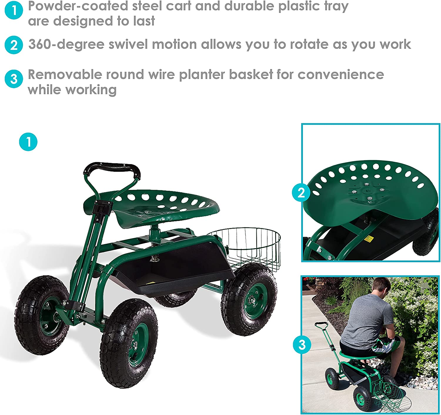 Sunnydaze Garden Cart Rolling Scooter with Extendable Steer Handle. Swivel Seat & Utility Tool Tray. Green