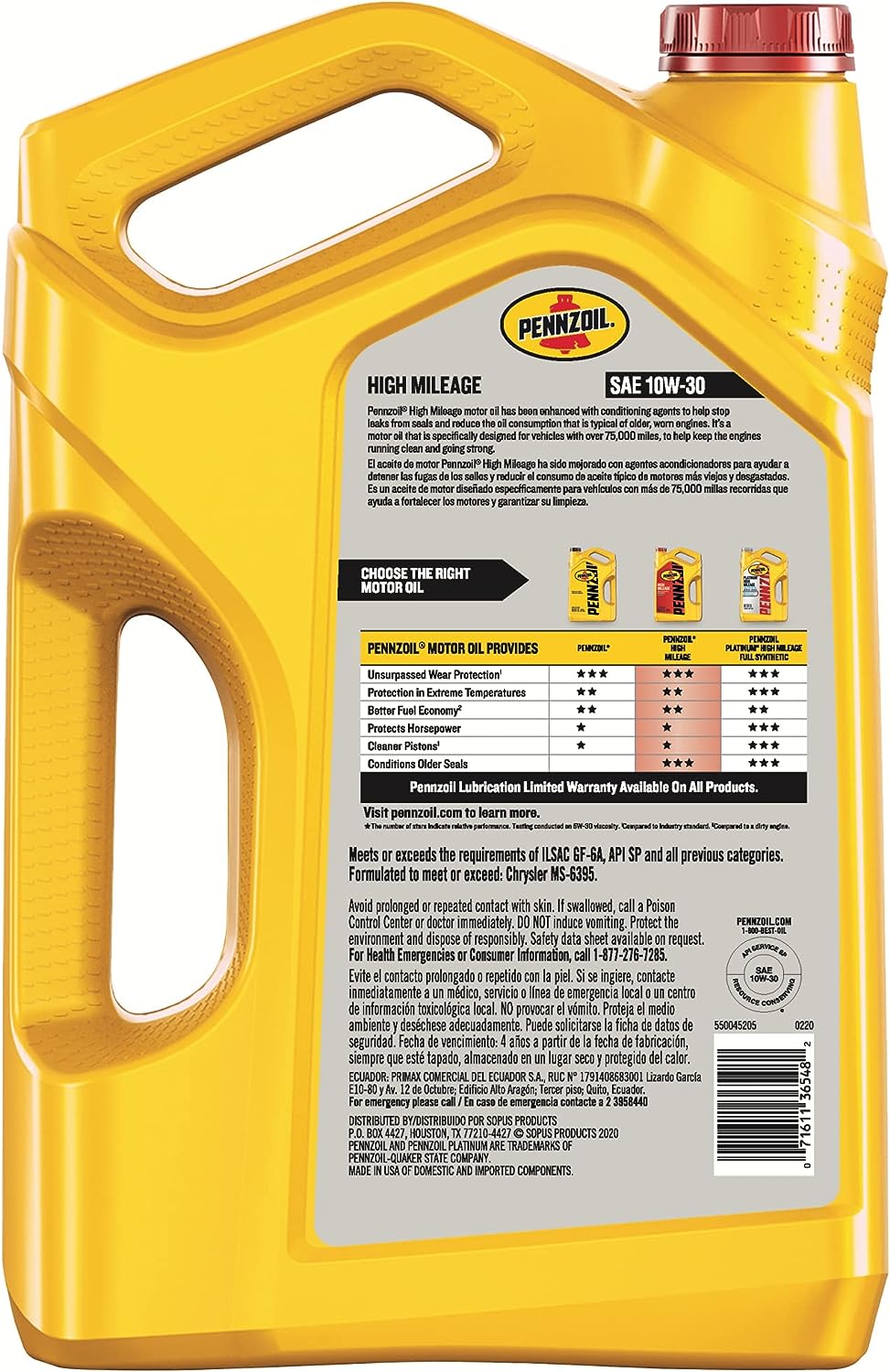 Pennzoil High Mileage Conventional 10W-30 Motor Oil for Vehicles Over 75K Miles (5-Quart. Case of 3)