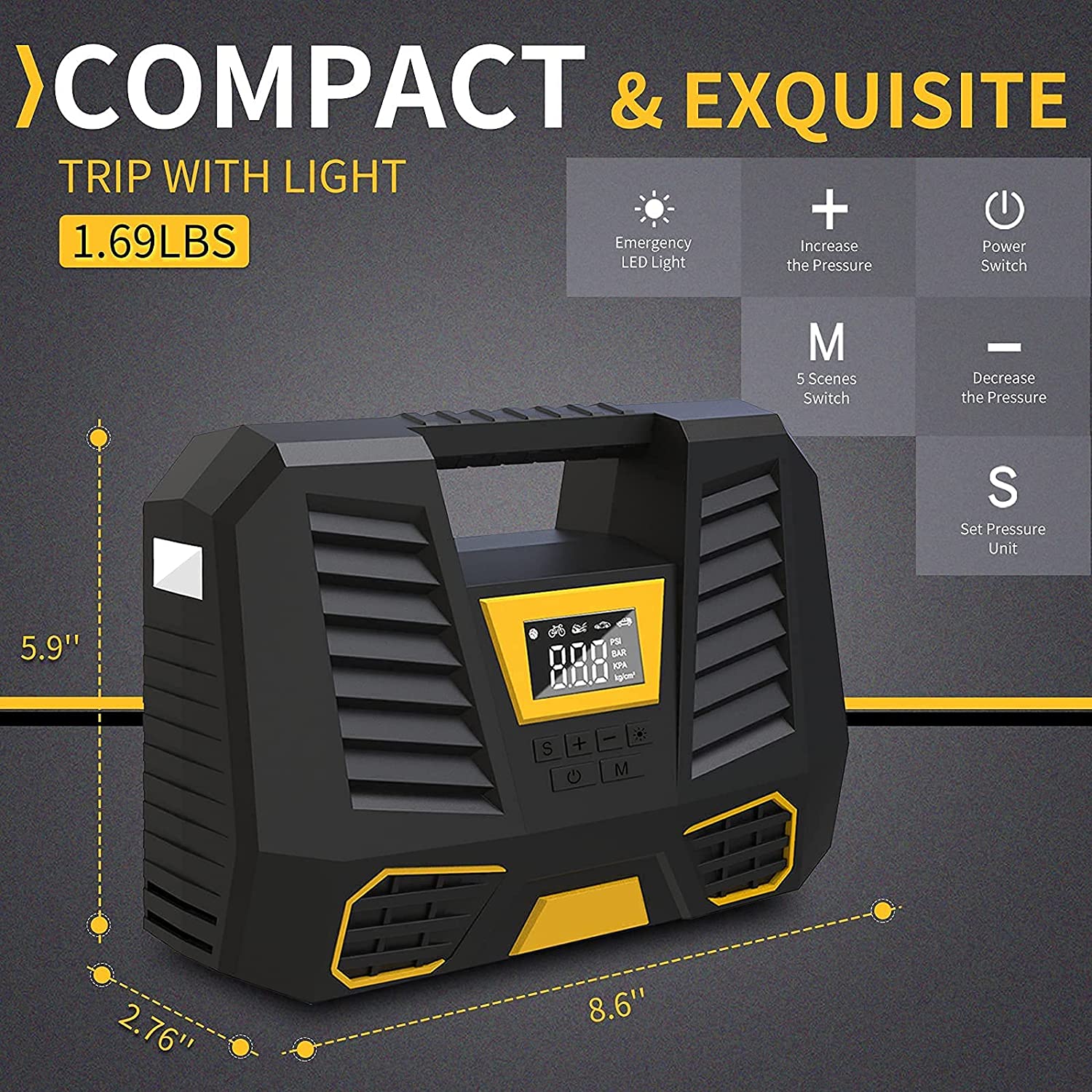 tEokEibEno Portable Air Compressor Tire Inflator.12V DC Car Pump with Digital Pressure Gauge