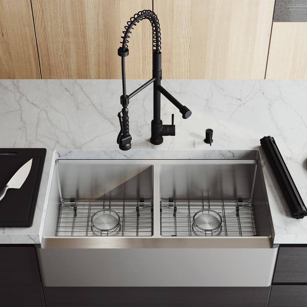 VIGO 1004856776 Oxford 36″ Double Bowl Workstation Undermount Stainless Steel Farmhouse Sink with Ledge and Faucet with Accessories