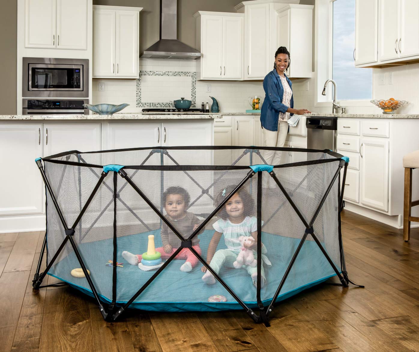 Regalo My Play Deluxe Extra Large Portable Play Yard Indoor and Outdoor. Bonus Kit. Includes a Full Canopy. Washable. Teal. 8-Panel