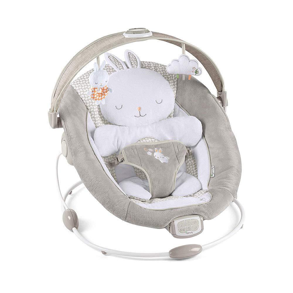 Ingenuity InLighten Baby Bouncer Infant Seat with Light Up -Toy Bar. Vibrations. Tummy Time Pillow & Sounds. 0-6 Months Up to 20 lbs (Twinkle Tails Bunny)