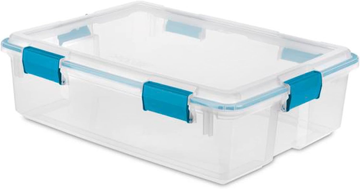 Sterilite Multipurpose 37 Quart Clear Plastic Under-Bed Storage Tote Bins with Secure Gasket Latching Lids for Home Organization. (4 Pack)