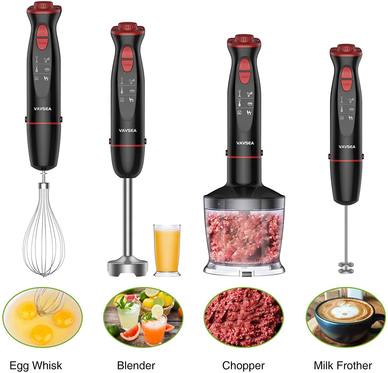 Vavsea Immersion Hand Blender. 12-Speed Multi-Function Handheld Stick Blender with Stainless Steel Blades. Chopper. Beaker. Whisk and Milk Frother for Baby Food/Smoothies/Puree. BPA Free