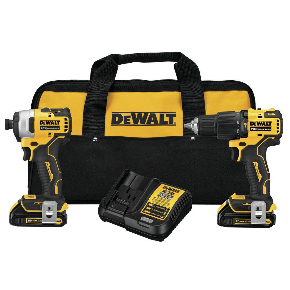 DEWALT DCK279C2W412 ATOMIC 20V MAX Cordless Brushless Hammer Drill/Impact 2 Tool Combo Kit. 20V 4.5-5 in. Grinder. and (2) 1.3Ah Batteries
