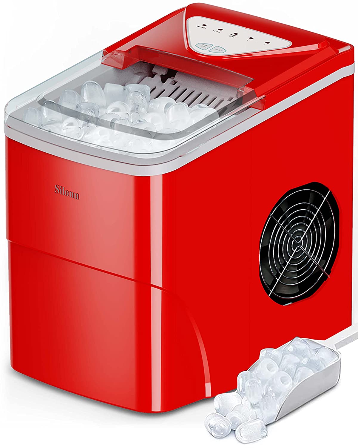 Silonn Ice Makers Countertop. 9 Cubes Ready in 6 Mins. 26lbs in 24Hrs. Self-Cleaning Ice Machine with Ice Scoop and Basket. 2 Sizes of Bullet Ice for Home Kitchen Office Bar Party (Red)