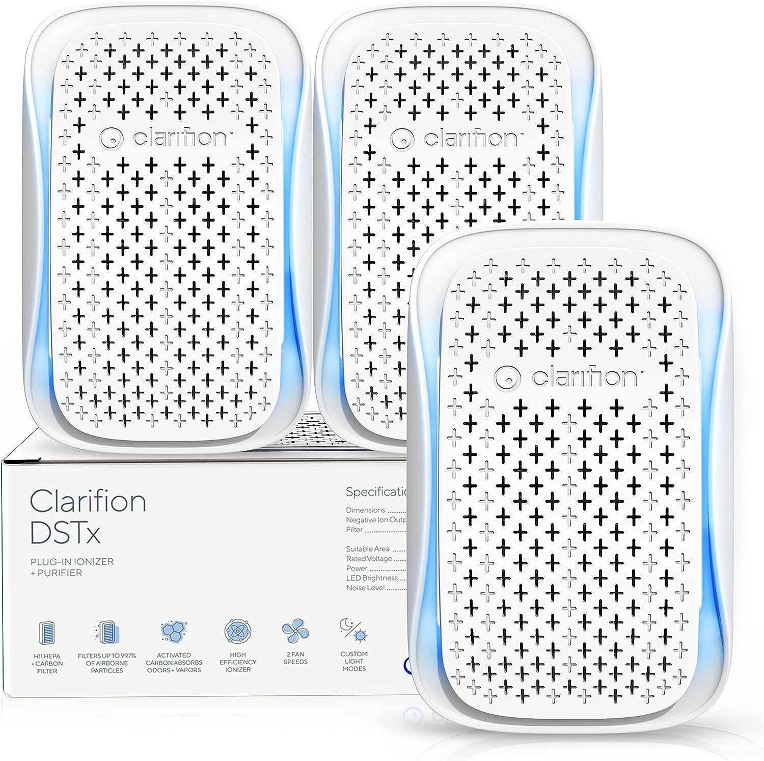 Clarifion - DSTx 2.0 Portable Air Purifier (3 Pack) - Plug In Air Ionizer HEPA Air Filter. Mini Personal Air Purifiers For. Bedroom and Pets Helps With Dust. Smoke. Airborne Dust and Odors