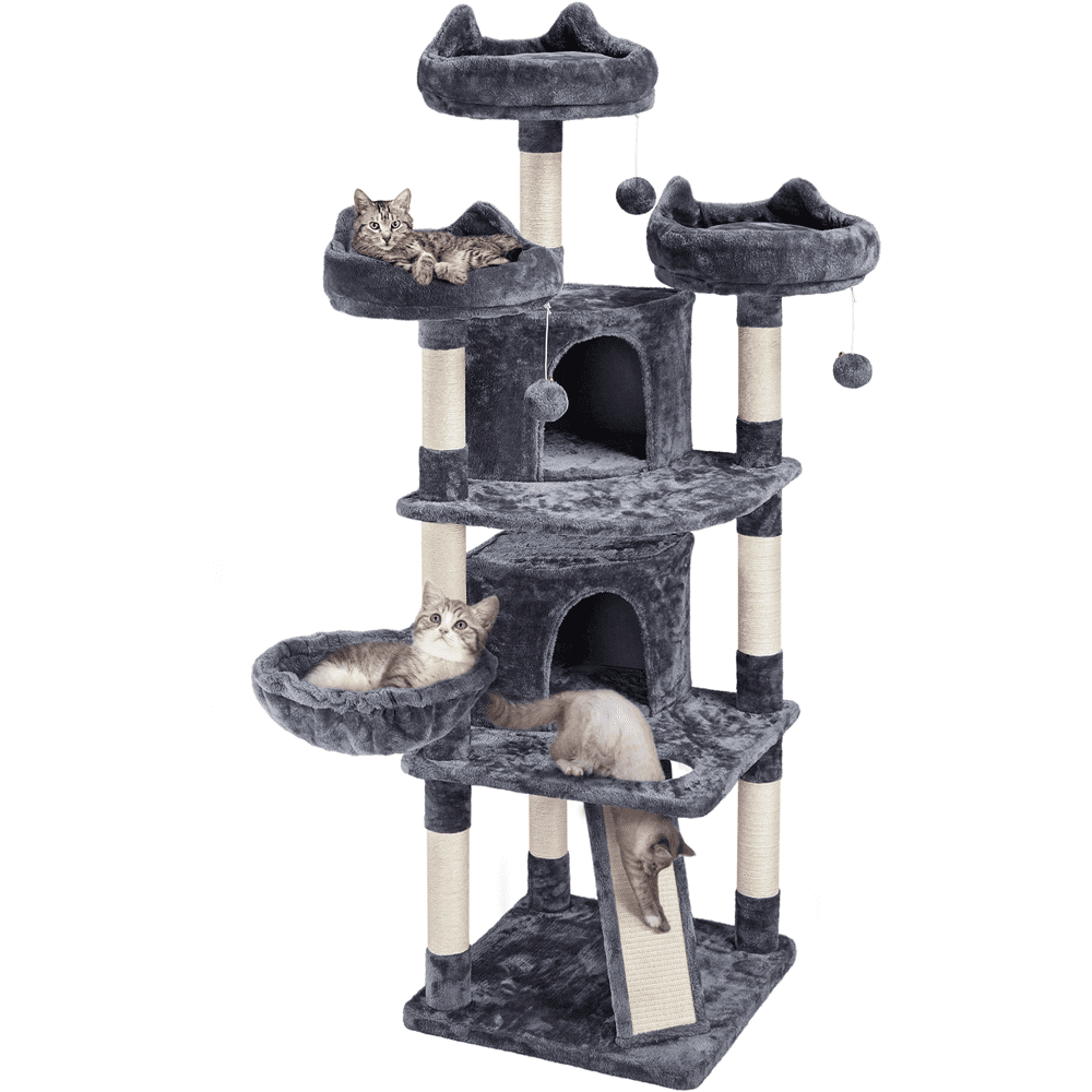Easyfashion Large Cat Tree Plush Tower with Caves Condos Platforms Scratching Board. Dark Gray