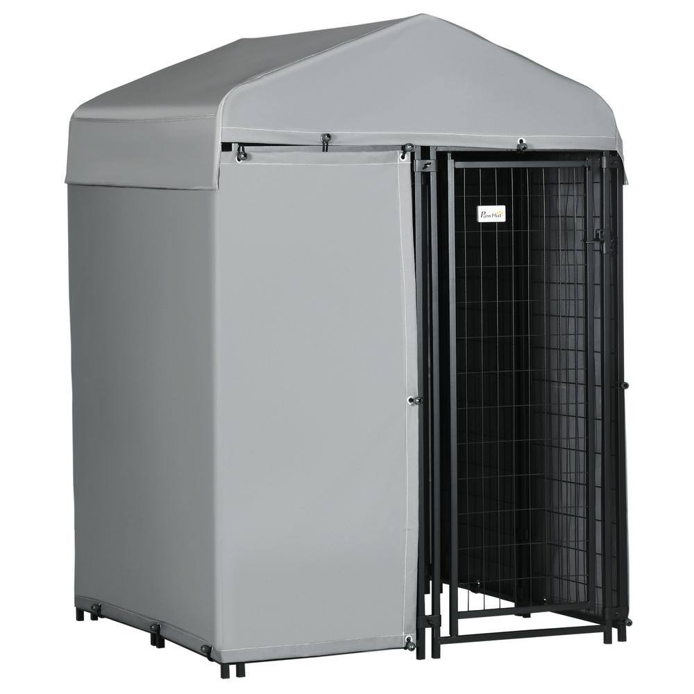 PawHut D02-155V00GY 4 ft. x 4 ft. Dog Kennel Outdoor with Outside Enclosure Cloth. Dog Run for Small & Medium Dogs. Chickens. Ducks