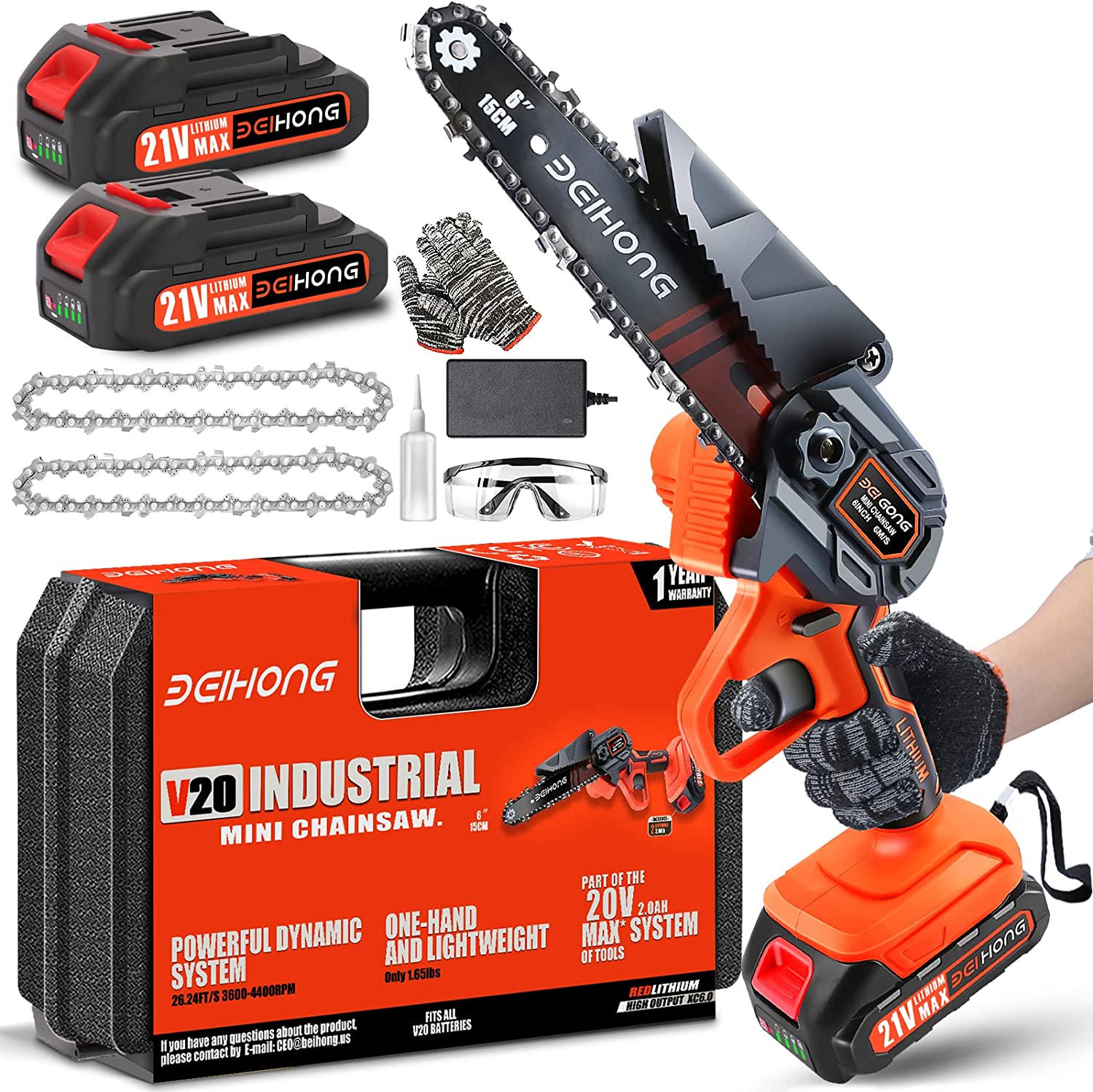 ‎BEI & HONG Mini Chainsaw Cordless 6-Inch with 2 Battery. Mini Power Chain Saw with Security Lock. Handheld Small Chainsaw for Tree Trimming Wood Cutting