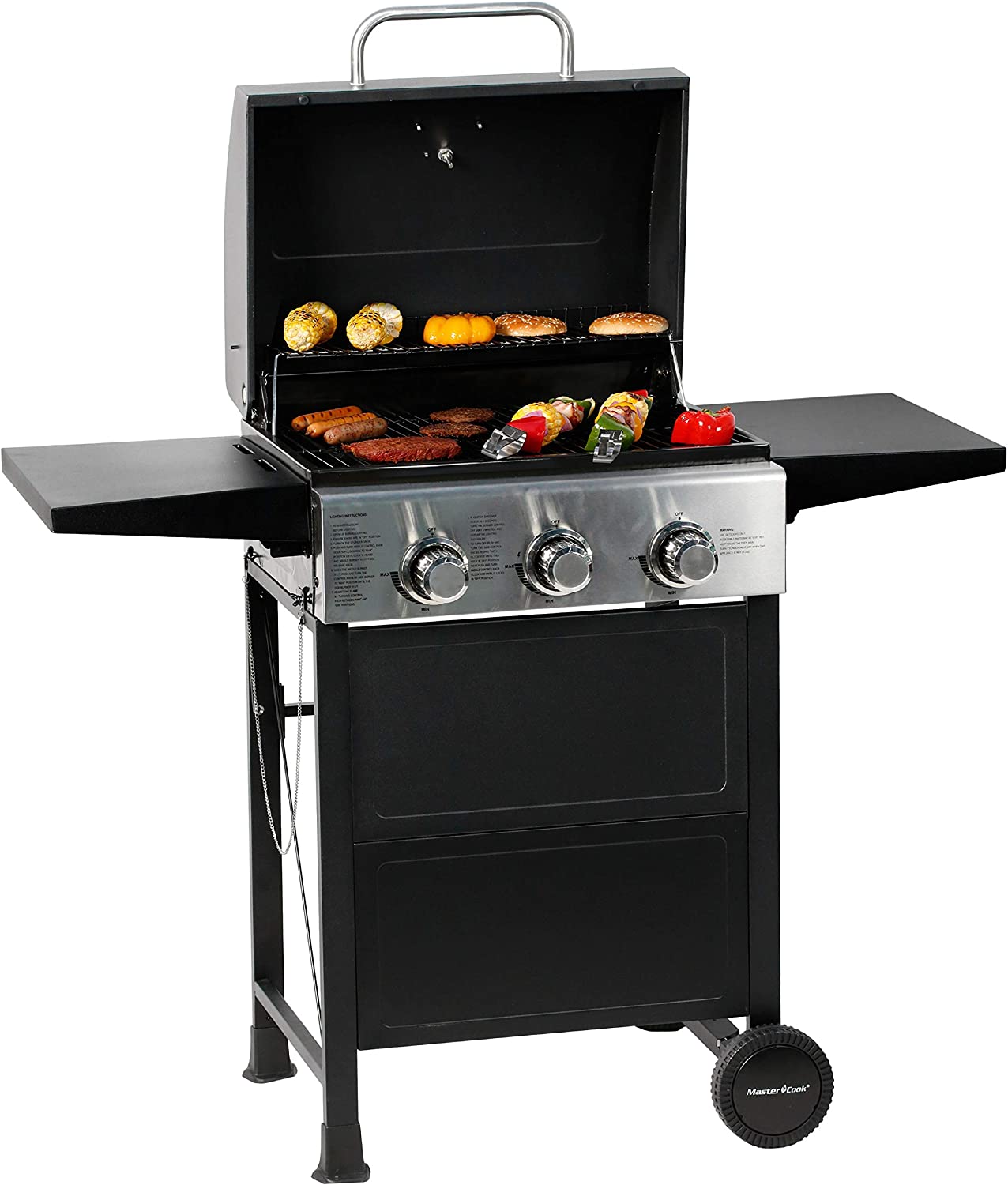 MASTER COOK 3 Burner BBQ Propane Gas Grill. Stainless Steel 30.000 BTU Patio Garden Barbecue Grill with Two Foldable Shelves