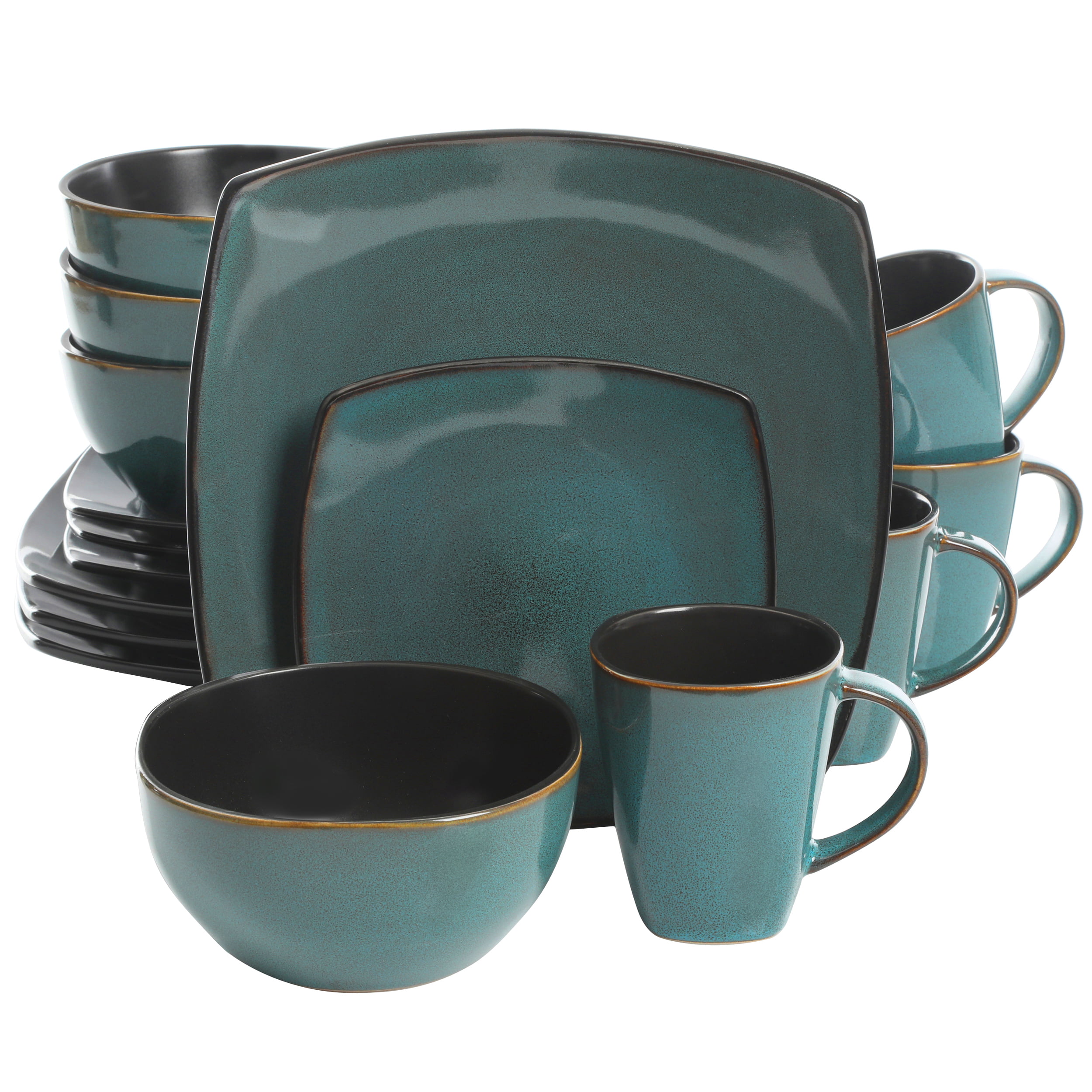 Gibson Home Soho Lounge Square Stoneware 16 Piece Dinnerware Set. Teal