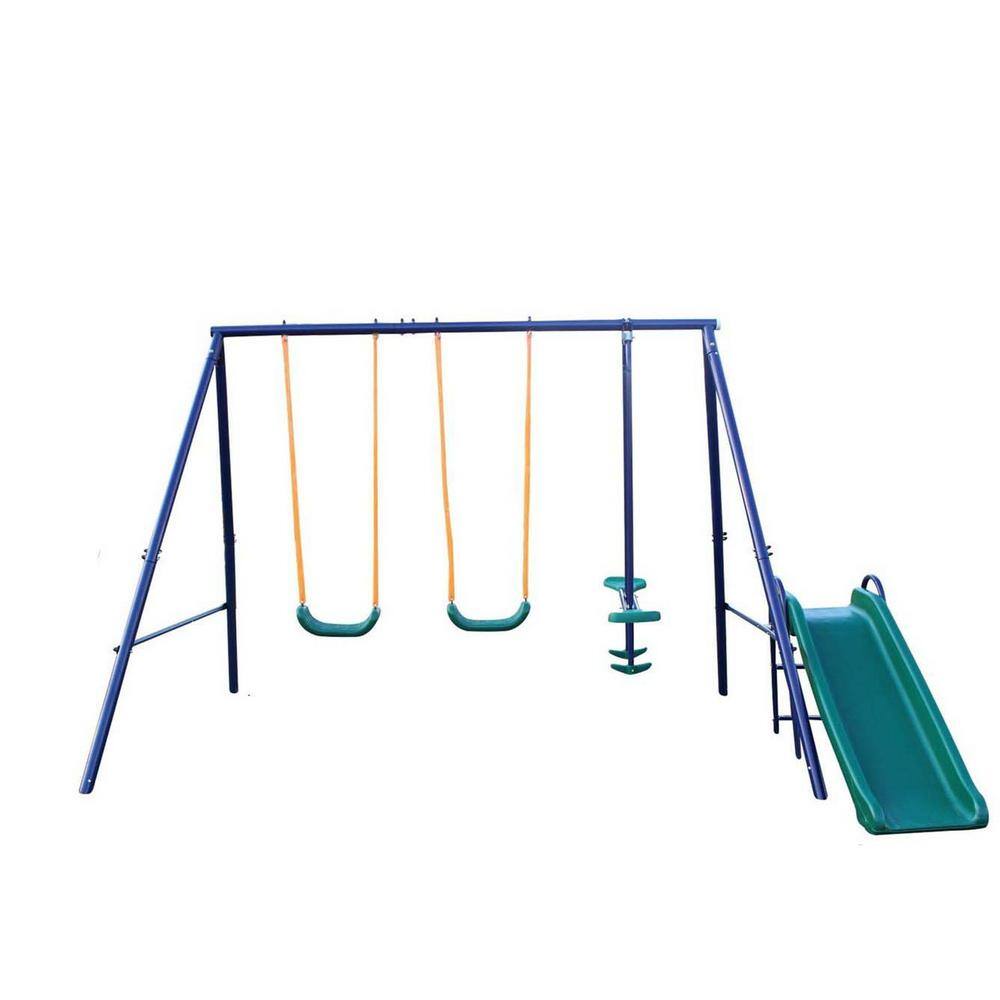 LN20232280 Metal Outdoor Swing Set with 2 Swing Seats. 1 Glider. 1 Slide