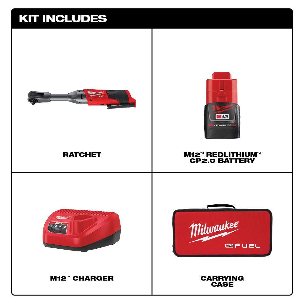 Milwaukee 2560-21 M12 FUEL 12V Lithium-Ion Brushless Cordless 3/8 in. Extended Reach Ratchet Kit with One 2.0 Ah Batteries