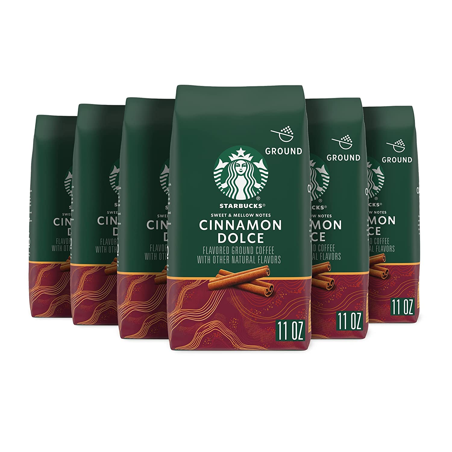 Starbucks Ground Coffee. Cinnamon Dolce Flavored Coffee. No Artificial Flavors. 100% Arabica. 6 bags (11 oz each)