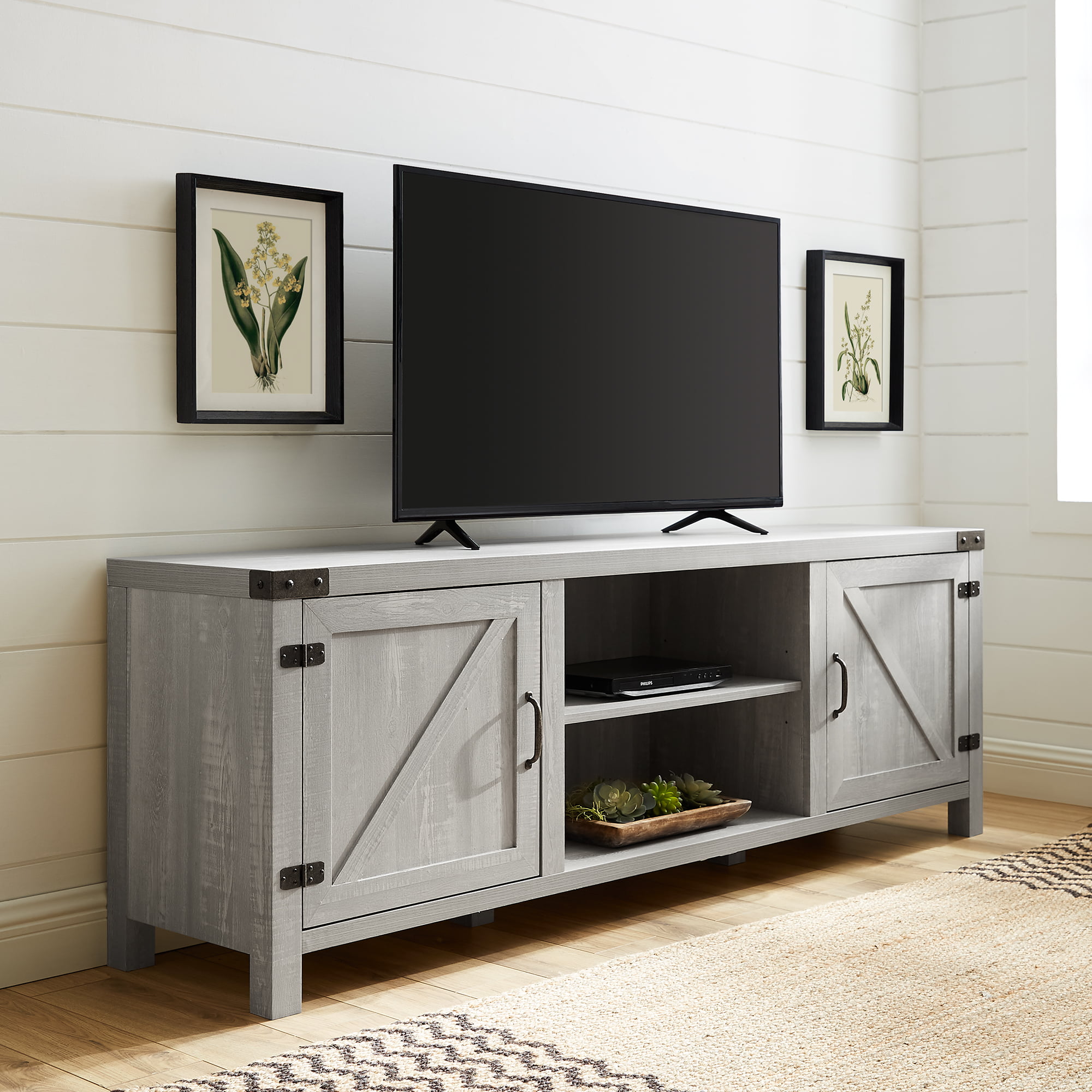 Woven Paths Farmhouse Barn Door TV Stand for TVs up to 80″. Stone Grey