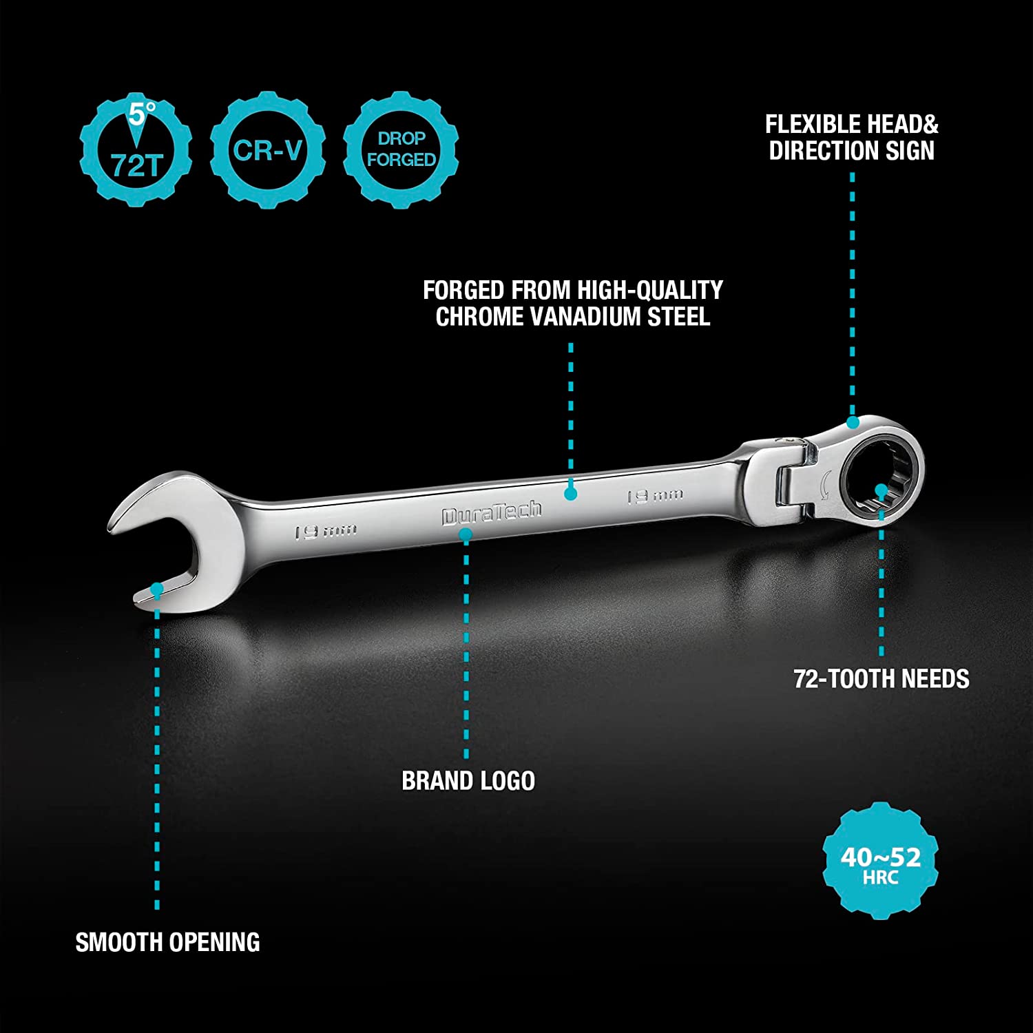 DURATECH 12-Piece Flex-Head Ratcheting Combination Wrench Set. 72-Tooth. Metric. 8-19mm. Cr-v Steel. Organized in Storage Case