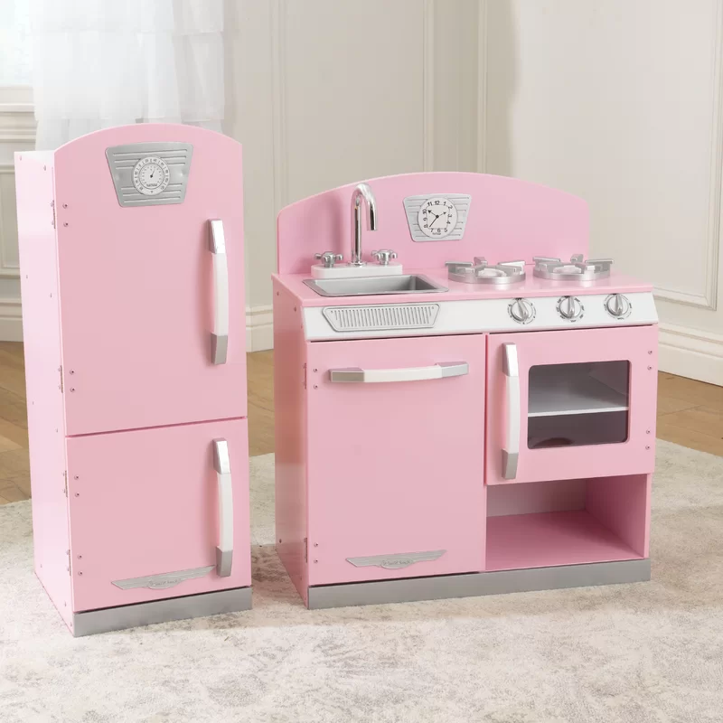 KidKraft Retro Wooden Play Kitchen and Refrigerator 2-Piece Set with Faucet. Sink. Burners and Working Knobs. Pink. Gift for Ages 3+