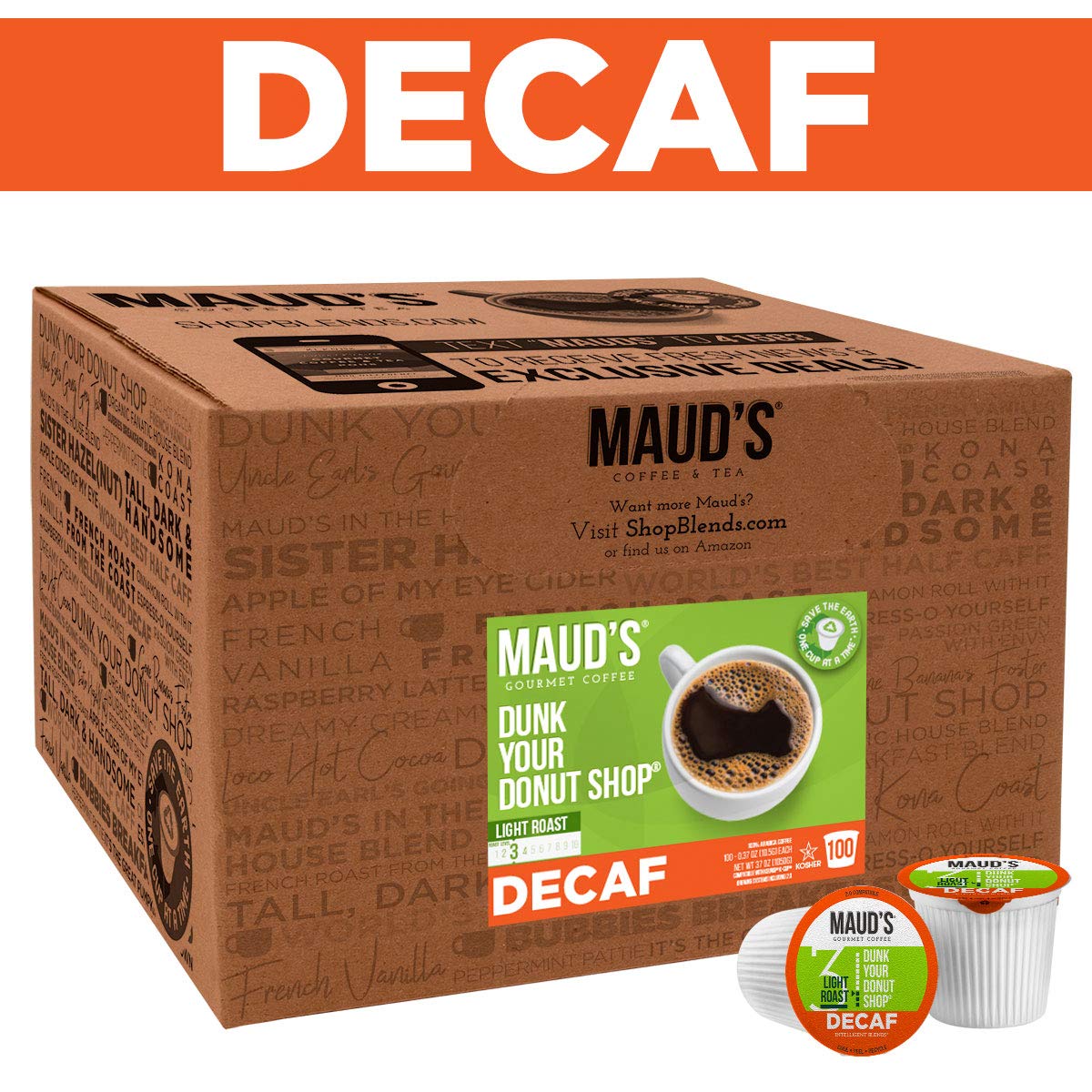 Maud-s Decaf Donut Shop Coffee (Dunk Your Donut Shop). 100ct. Solar Energy Produced Recyclable Single Serve Donut Shop Decaf Coffee Pods - 100% Arabica Coffee California Roasted. KCup Compatible
