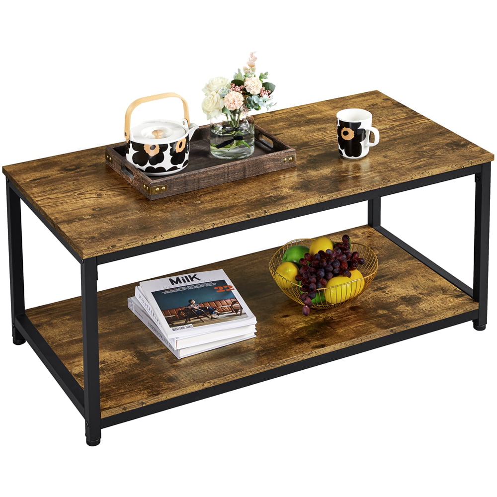 Alden Design Industrial Coffee Table with Storage Shelf. Rustic Brown