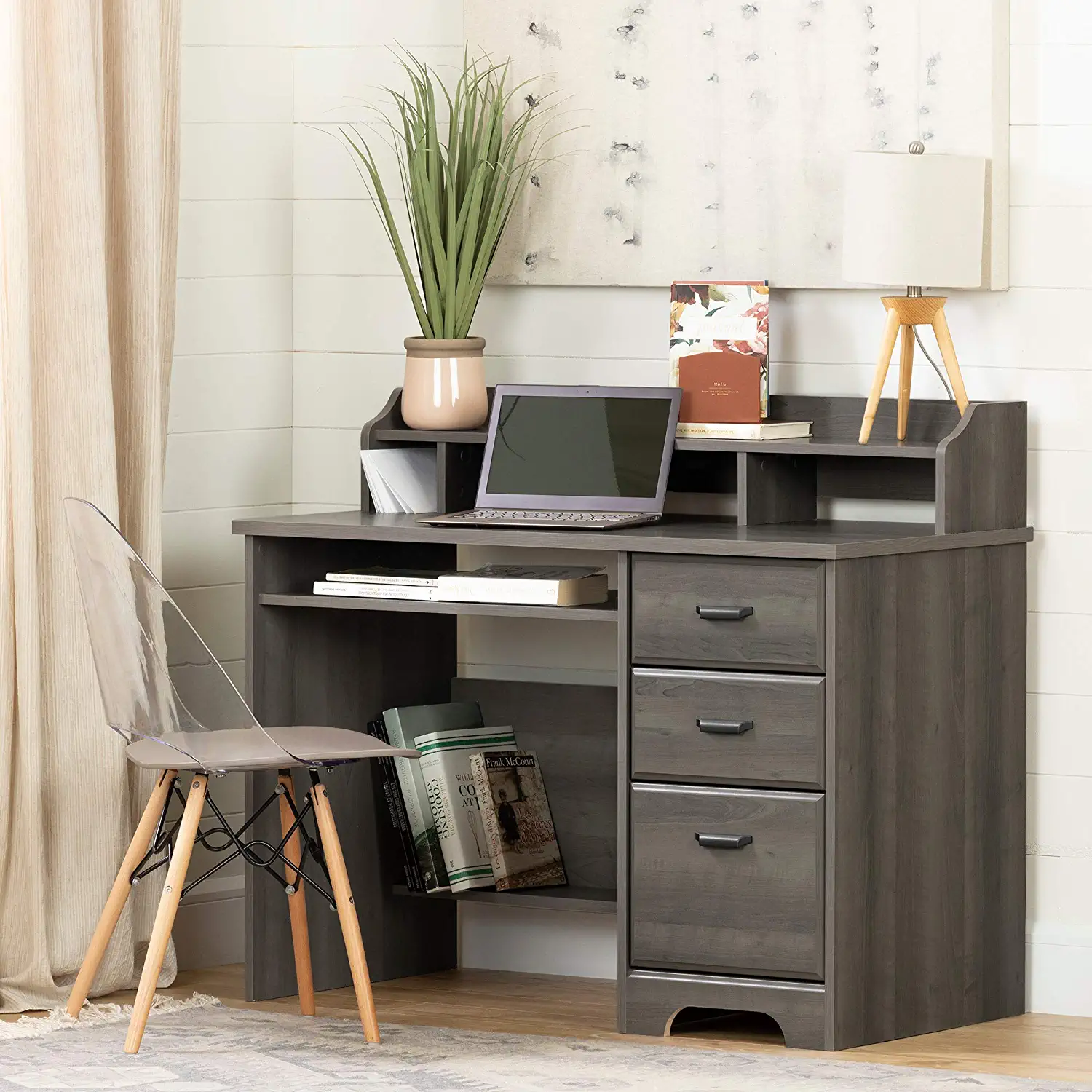 South Shore 12108 Rectangular 3 -Drawer Computer Desk with Hutch in Gray Maple