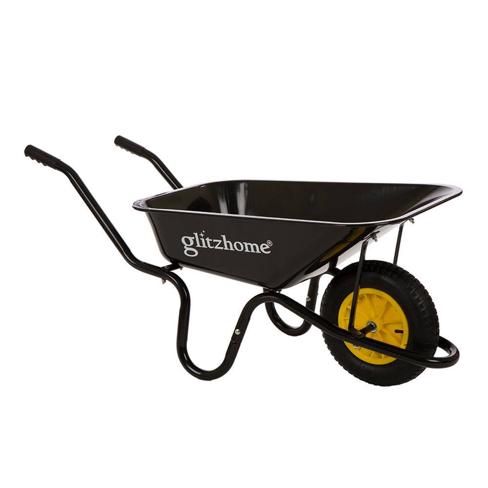 Glitzhome 1429004169 4.7 cu. ft. Black Steel Framed Plastic Garden Wheelbarrow Utility Dump Cart