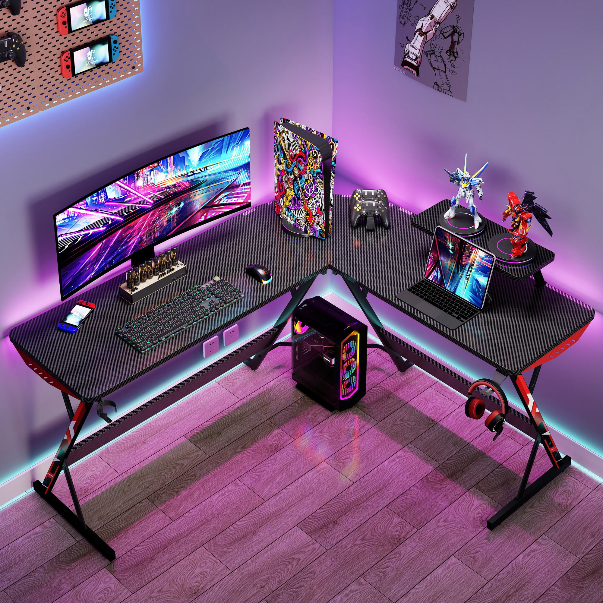 MOTPK 58″ L Shaped Gaming Desk. Gaming Table L Shape. Computer Desk for Gamer with Monitor Shelf. Cup Holder & Headphone Hook. Corner Gaming Desk with Carbon Fiber Texture. Black