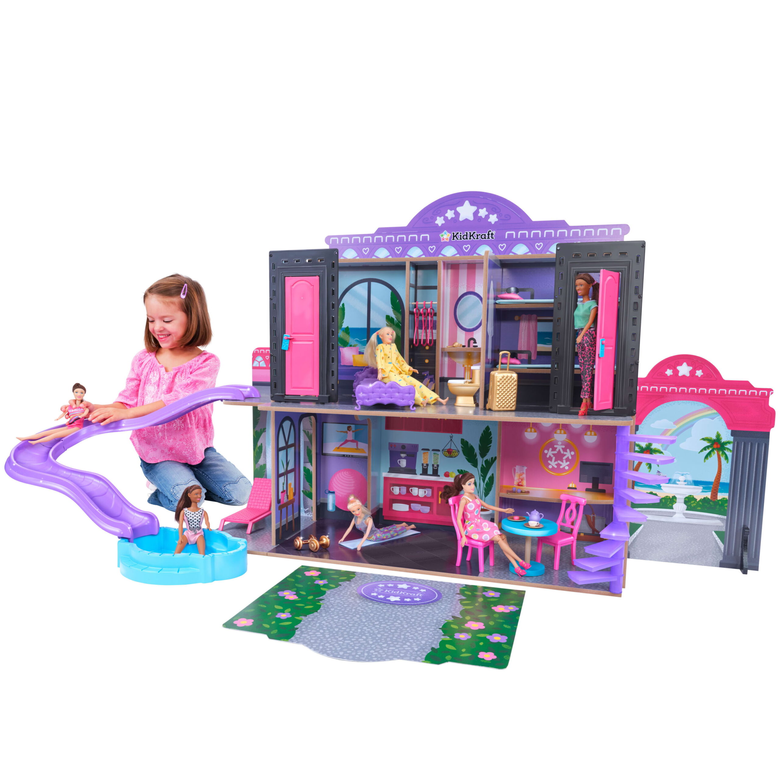 KidKraft 2-in-1 Wooden Hotel & Waterslide Dollhouse with 32 Accessories