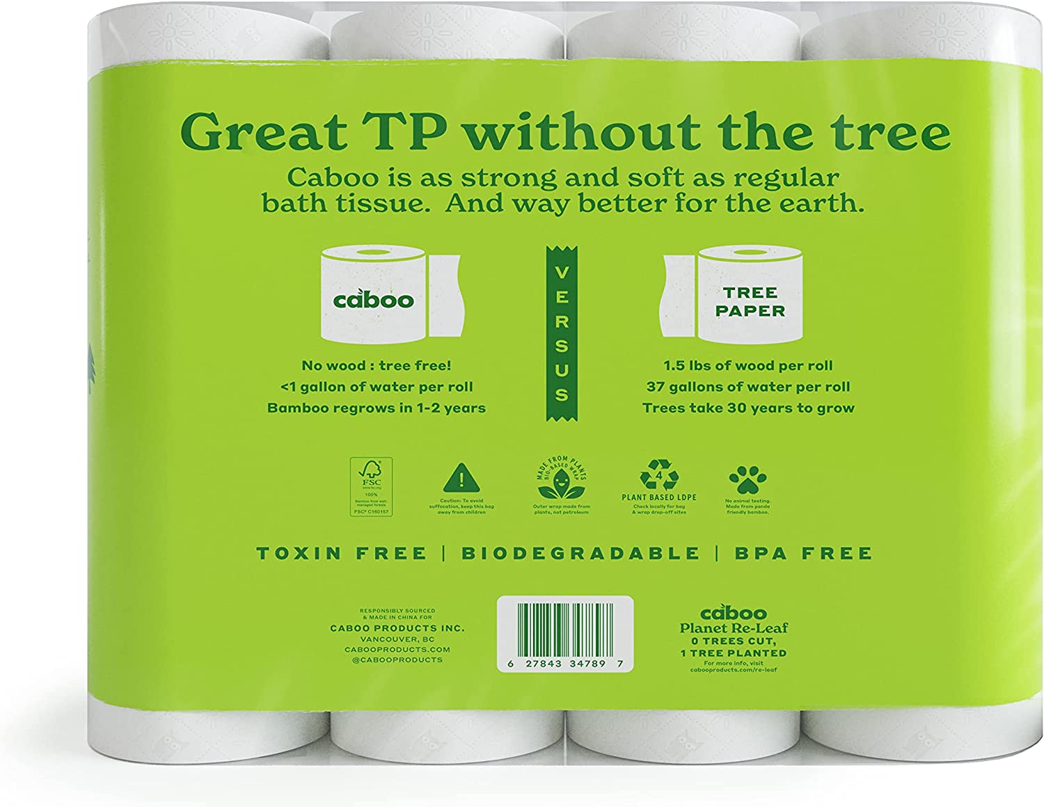 Caboo Tree Free Bamboo Toilet Paper. Septic Safe. Biodegradable. Eco Friendly Bath Tissue with Soft. Quick Dissolving 2 Ply Sheets (300 Sheets Per Roll. 24 Double Rolls)