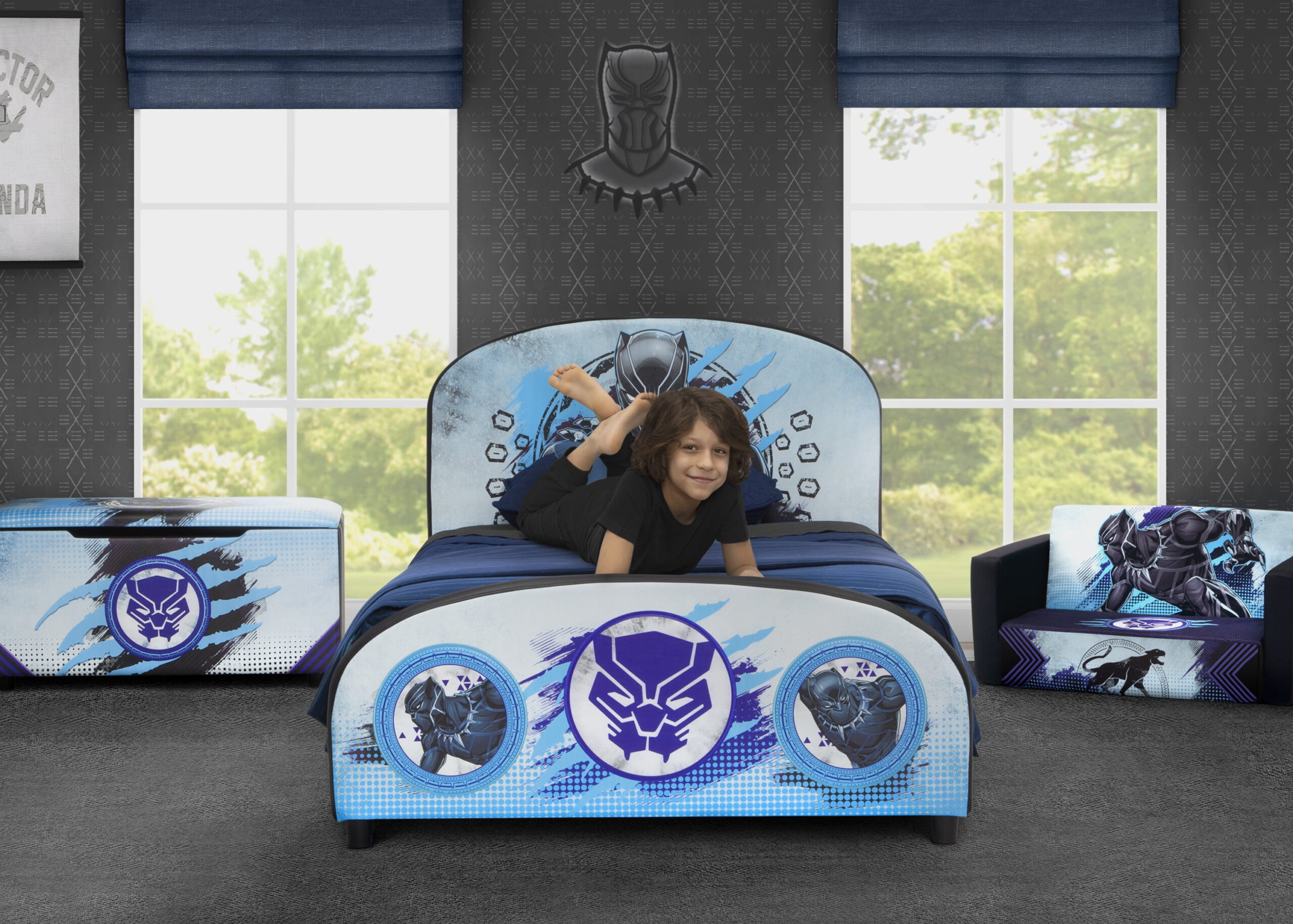 Marvel Black Panther Upholstered Twin Bed by Delta Children. Blue/Black