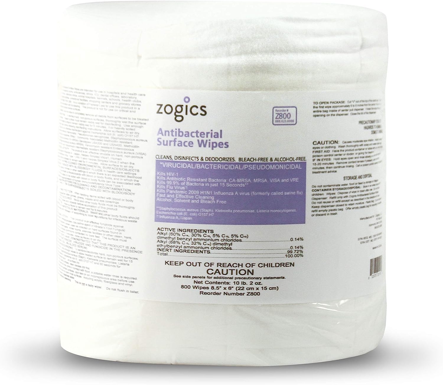 Zogics Antibacterial Wipes – Disinfecting Wipes for Sanitizing and Cleaning Surfaces and Equipment. EPA Registered Antibacterial Cleaning Wipes (1 Roll of 800 Wipes)
