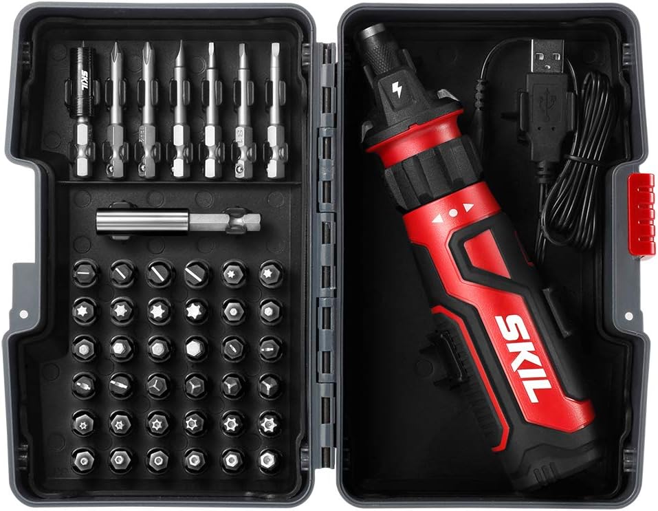SKIL Rechargeable 4V Cordless Screwdriver with Circuit Sensor Technology Includes 45pcs Bit Set. USB Charging Cable. Carrying Case - SD561204
