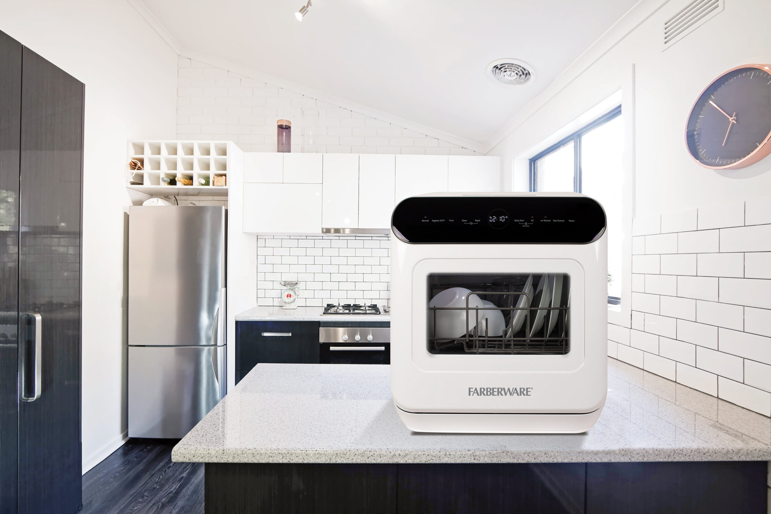 Farberware FCDMGDWH Complete Portable Countertop Dishwasher with UV Light 2 Place Settings. 5 Wash Programs. Glass Door. White