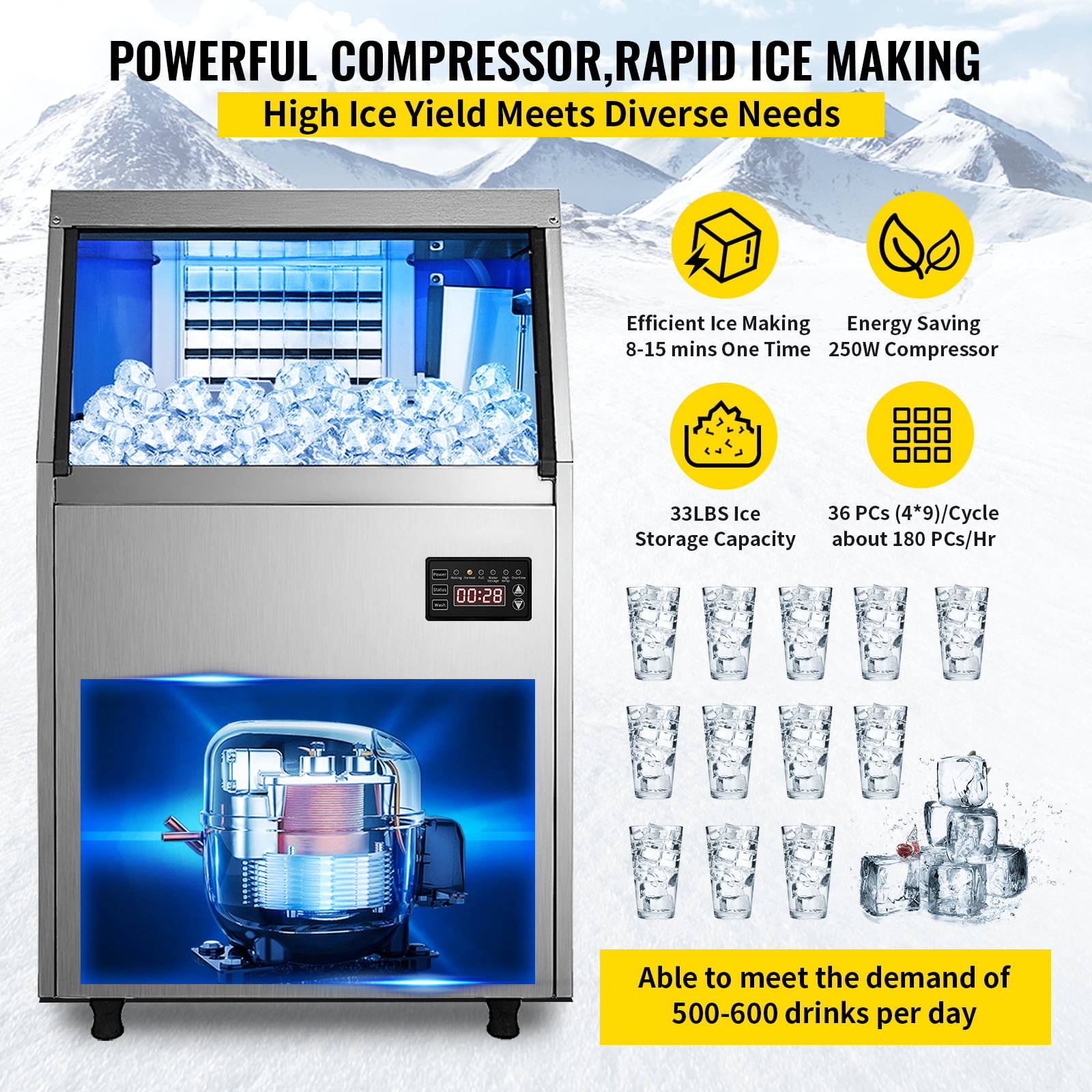 BENTISM New Commercial Ice Maker Auto Clear Cube Ice Making Machine 90-100 lbs 110V