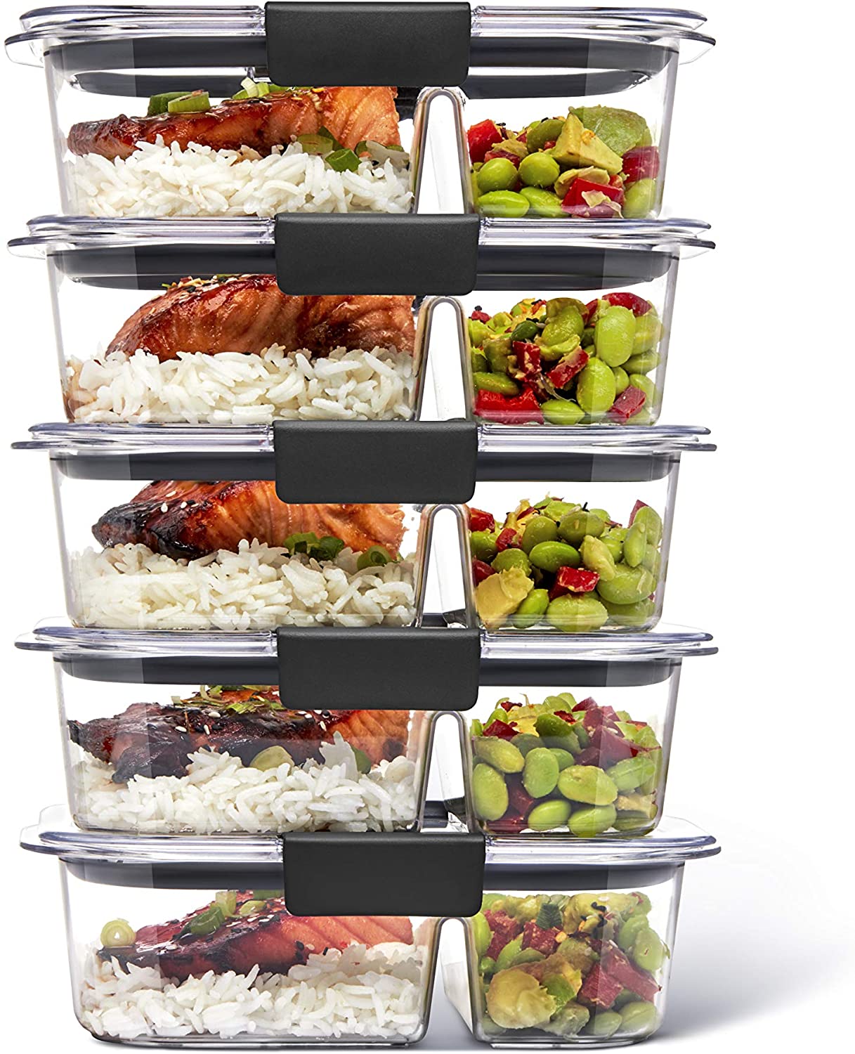 Rubbermaid 5-Piece Brilliance Food Storage Containers for Meal Prep with 2 Compartments and Lids. Dishwasher Safe. 4.7-Cup. Clear/Grey