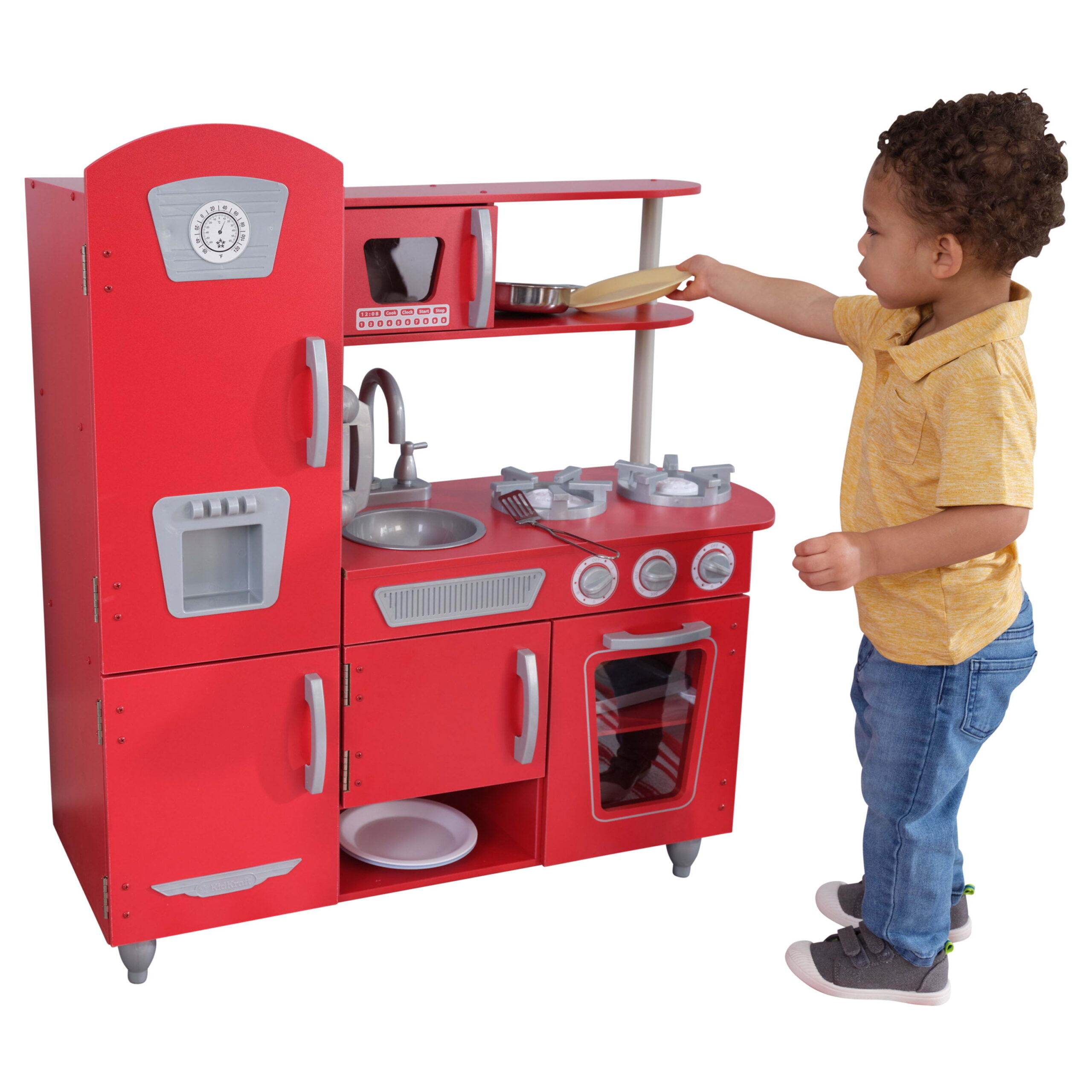 KidKraft Red Vintage Wooden Play Kitchen with Stainless Steel-Look Trim. Play Phone