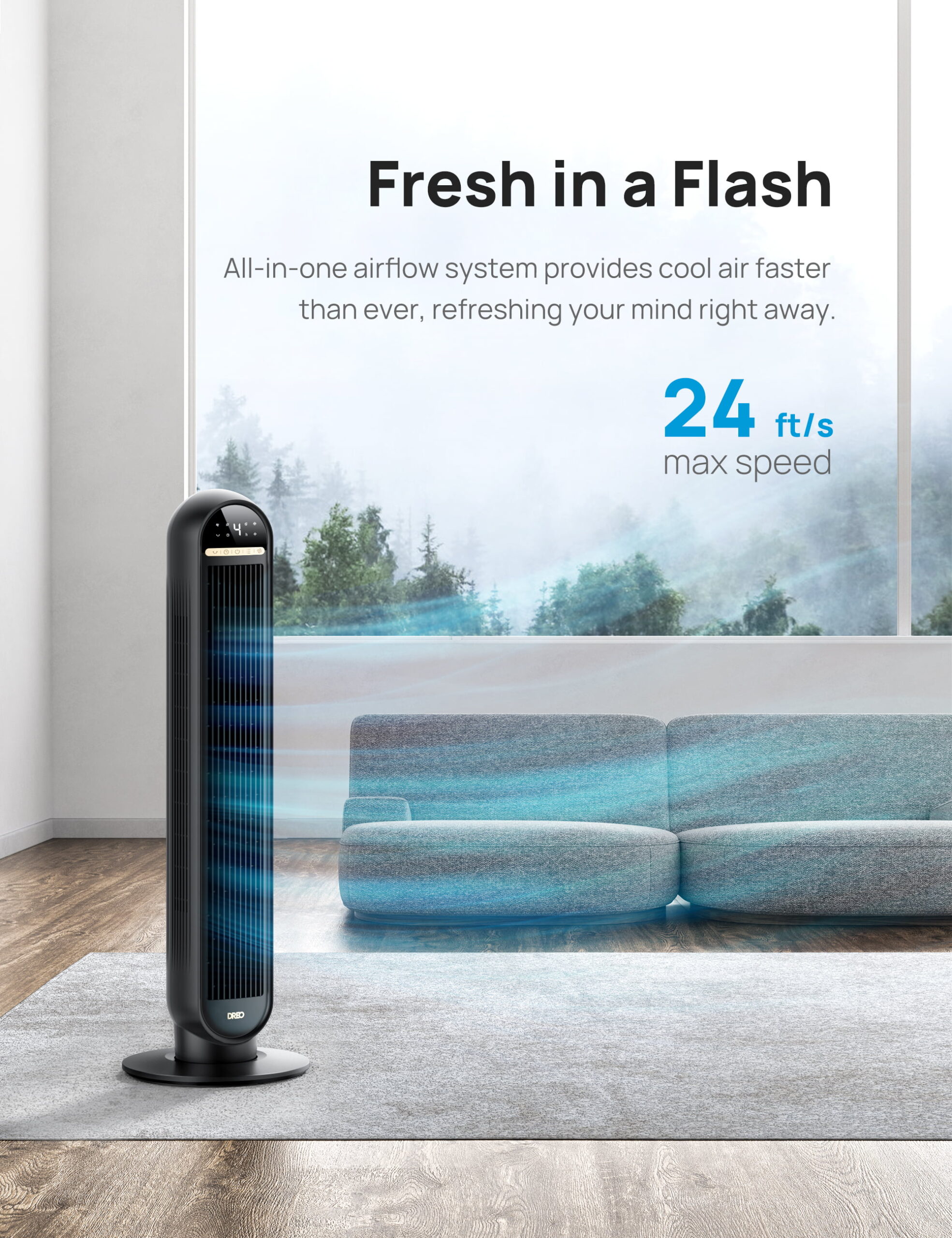 Dreo Tower Fans for Home. 2023 NEW 36″ Standing Floor Fan with Remote. 90° Oscillating Fan. 24 ft/s High Velocity. LED Display. 4 Speeds. 4 Modes. 8H Timer. Quiet Bedroom Fan